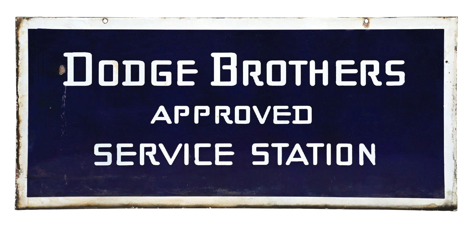 DODGE BROTHERS APPROVED SERVICE STATION PORCELAIN SIGN: DSP. C. 1920s. CONDITION: Each side showing very good color & gloss with areas of chipping in the outer fields as well as some areas of scratching and surface stains. Light chipping at the mounting ho
