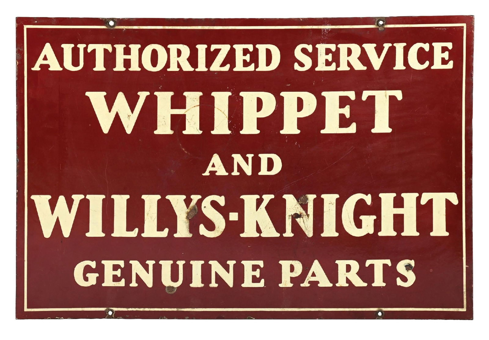 WHIPPET AND WILLYS-KNIGHT GENUINE PARTS PORCELAIN SIGN: DSP. CONDITION: Each side showing good color & gloss with light areas of field chipping as well as some heavier surface scratches. Each side showing light chipping at the mounting holes with light chi