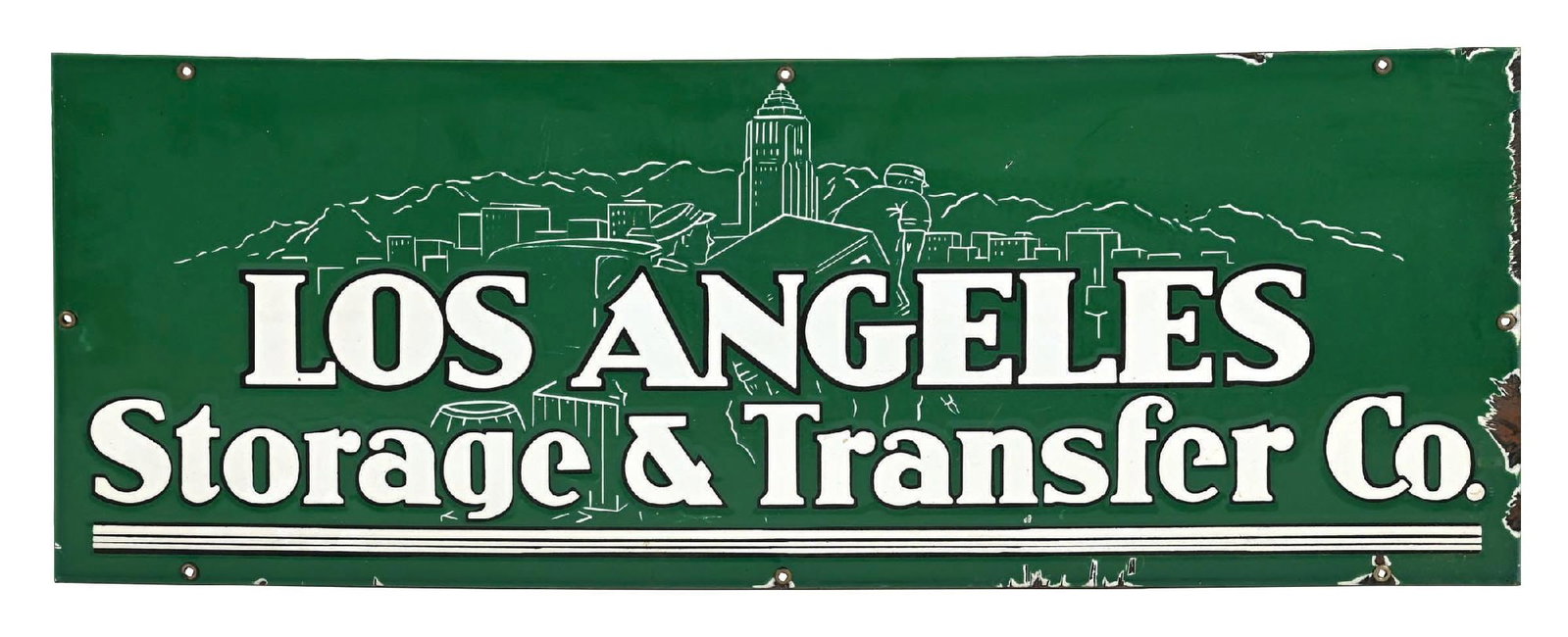 LOS ANGELES STORAGE TRANSFER CO. PORCELAIN SIGN: SSP. C. 1950s. CONDITION: Excellent color & gloss showing Los Angeles graphic in the field. Minimal surface scratches with some chipping at the mounting holes and along the outer edges. Condition: (8.