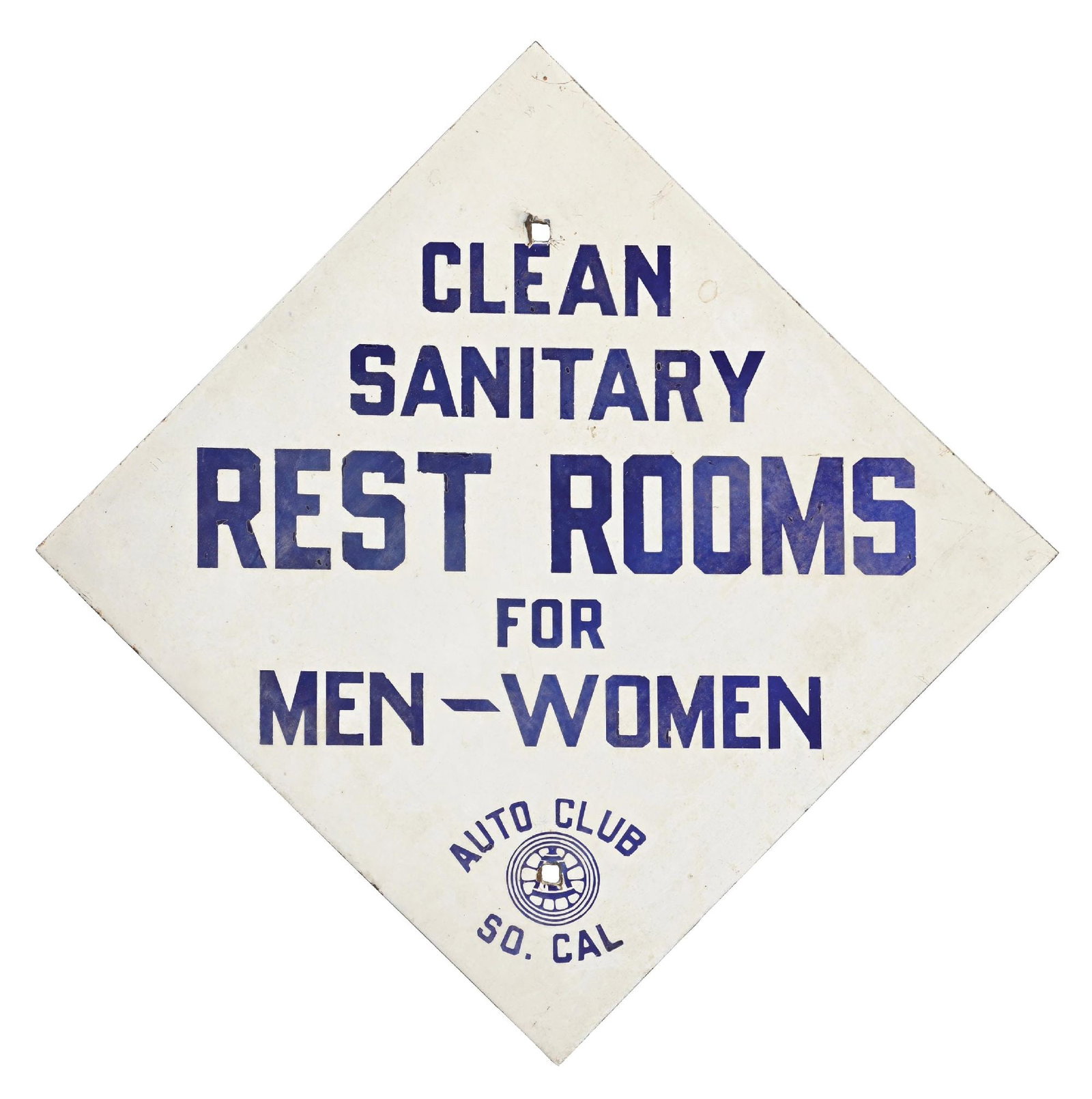 CLEAN SANITARY REST ROOMS FOR MEN-WOMEN PORCELAIN SIGN: SSP. C. 1930s. CONDITION: Showing clean chip free field with some areas of surface scratching as well as some minor age staining. Most of the staining appears removable. Minor chipping at the mounting