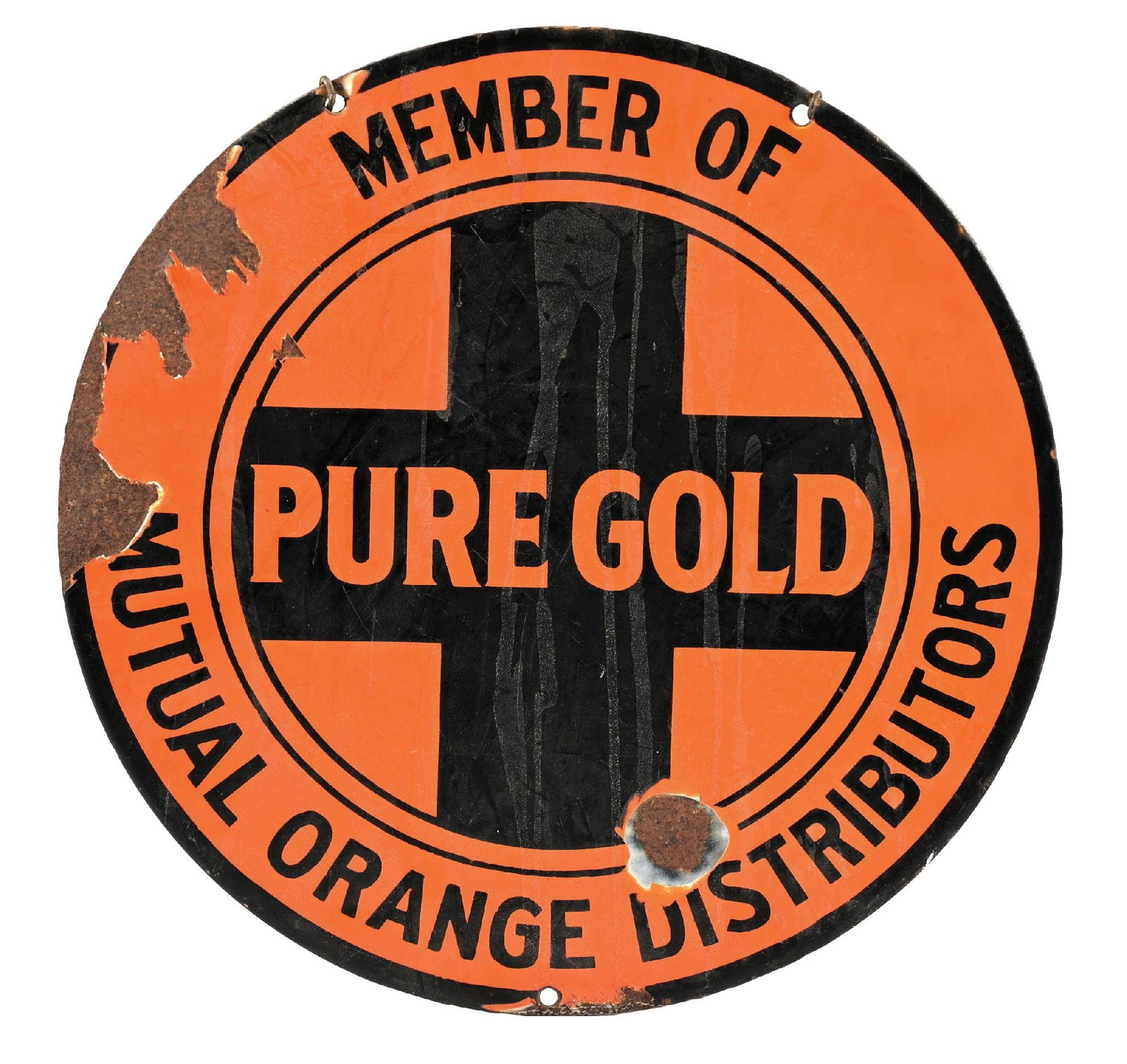PURE GOLD MEMBER OF MUTUAL ORANGE DISTRIBUTORS PORCELAIN SIGN: SSP. CONDITION: Showing moderate field wear with chipping and surface scratches. Heavier chipping along the outer edges. Sign should improve with cleaning. Condition: (7.5). Dimensions: 12" Dia.