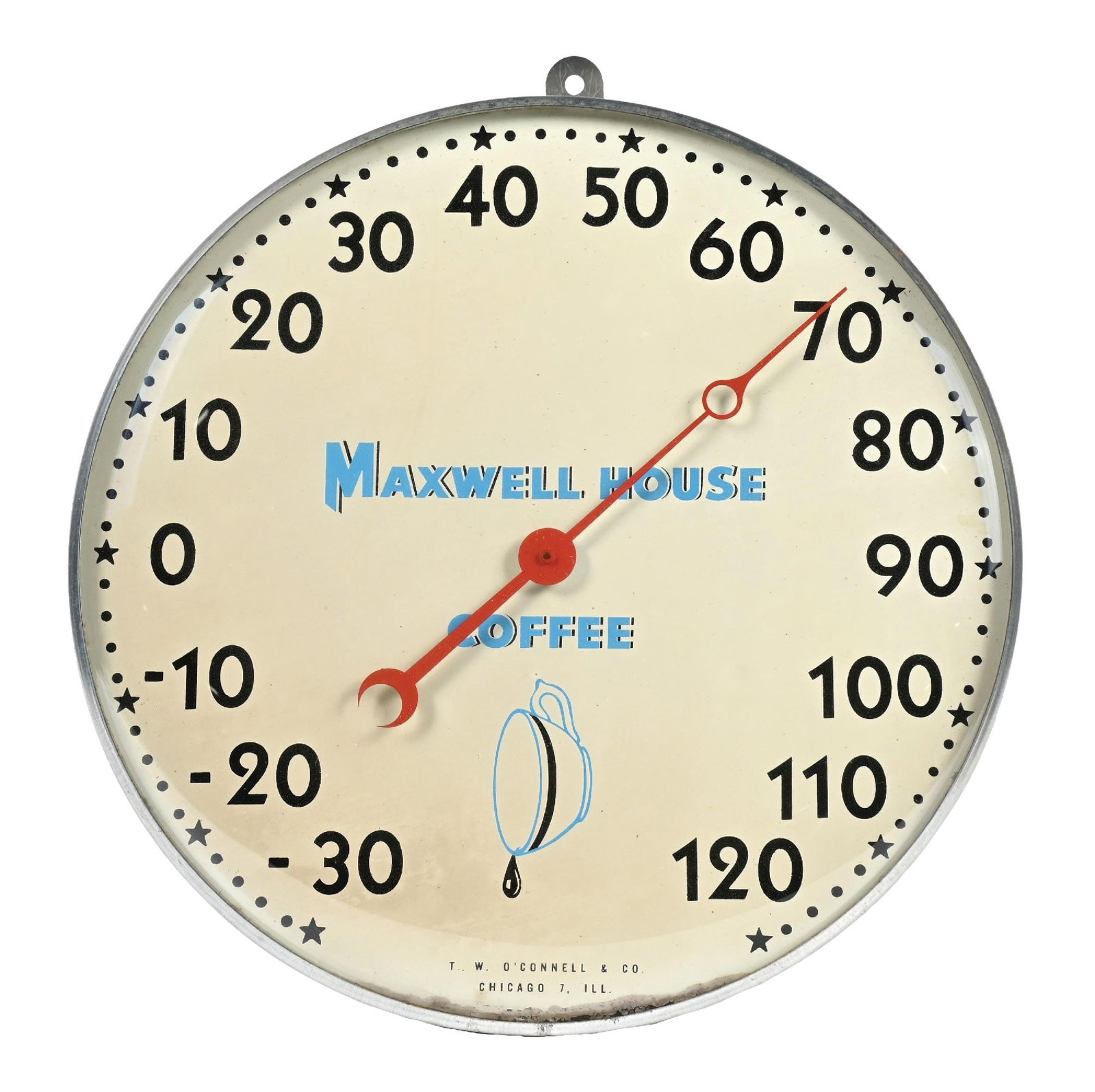 MAXWELL HOUSE COFFEE ADVERTISING THERMOMETER: Single-Sided Tin Thermometer with outer glass face. Maker Marked T.W. O'Connell & Co. CONDITION: Very good color & gloss throughout, the advertising face with light paint wear along the lower edge. Ou