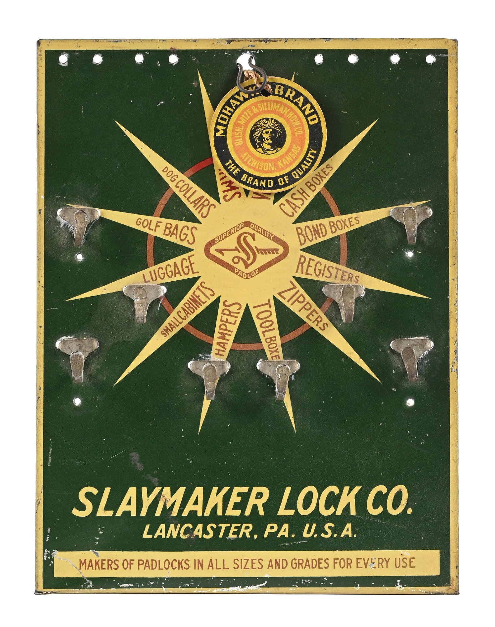 SLAYMAKER LOCK CO. TIN COUNTER TOP DISPLAY SIGN: SST. C. 1930s. CONDITION: Very good color & gloss throughout, showing minor areas of light surface wear and scratching. Use wear to the hangers with unique flange easel back on the bottom side. A well