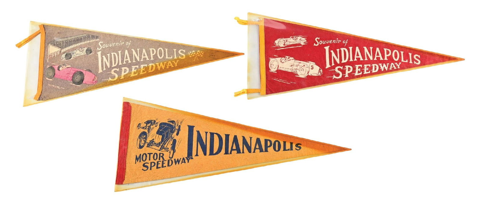 COLLECTION OF 3: INDIANAPOLIS SPEEDWAY SOUVENIR FELT PENNANTS: Collection Consists Of: Three individual Felt Pennants for Indianapolis Motor Speedway. CONDITION: Each is fair condition showing general age wear with no notable areas of heavy damage or wear. Condit