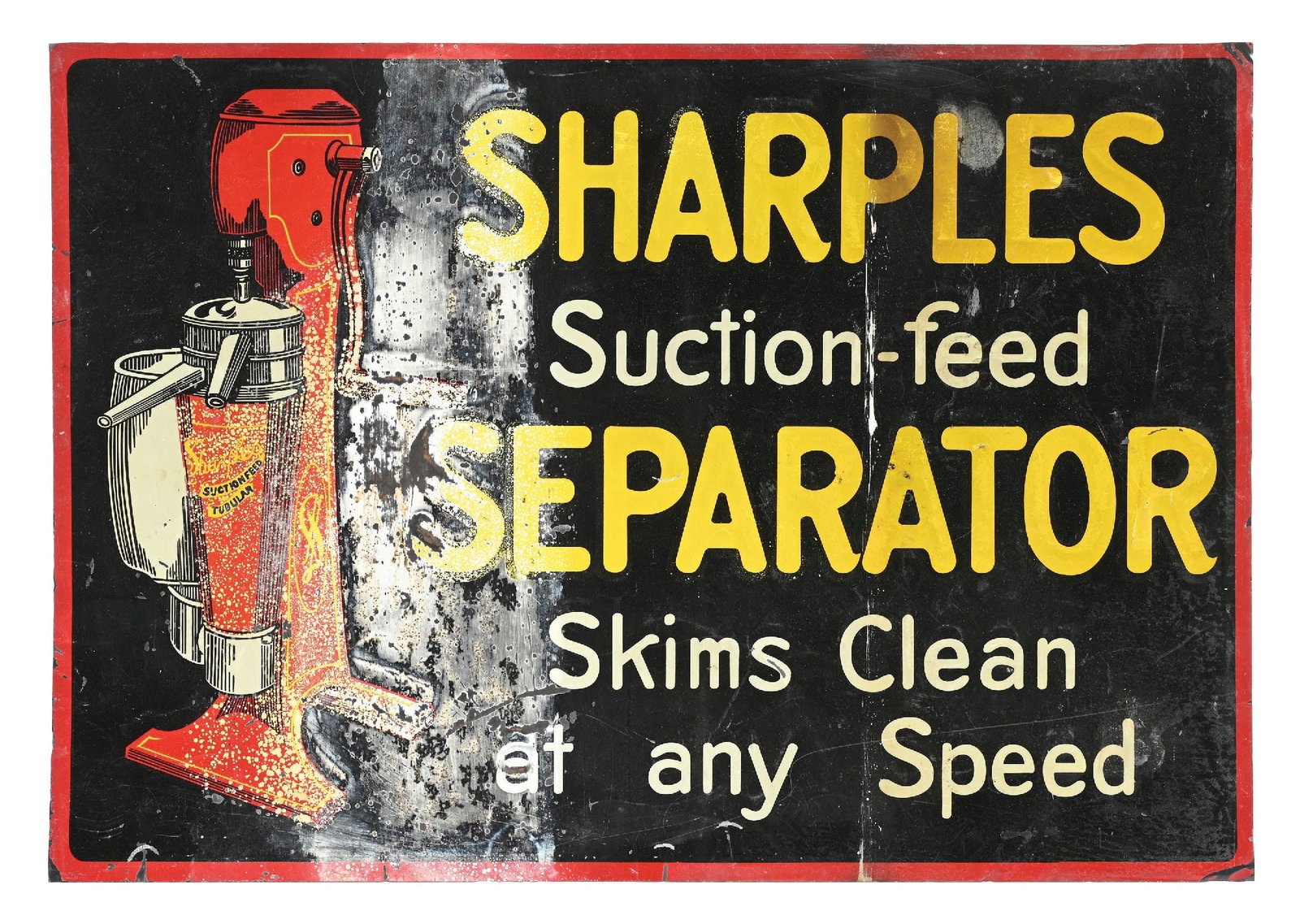SHARPLES CREAM SEPARATOR EMBOSSED TIN SIGN: SST. C. 1930s. CONDITION: For color & gloss showing heavy wear at the left. Outer edges and corners showing paint loss. Condition: (6.0). Dimensions: 19 - 3/8" x 13 - 1/2"