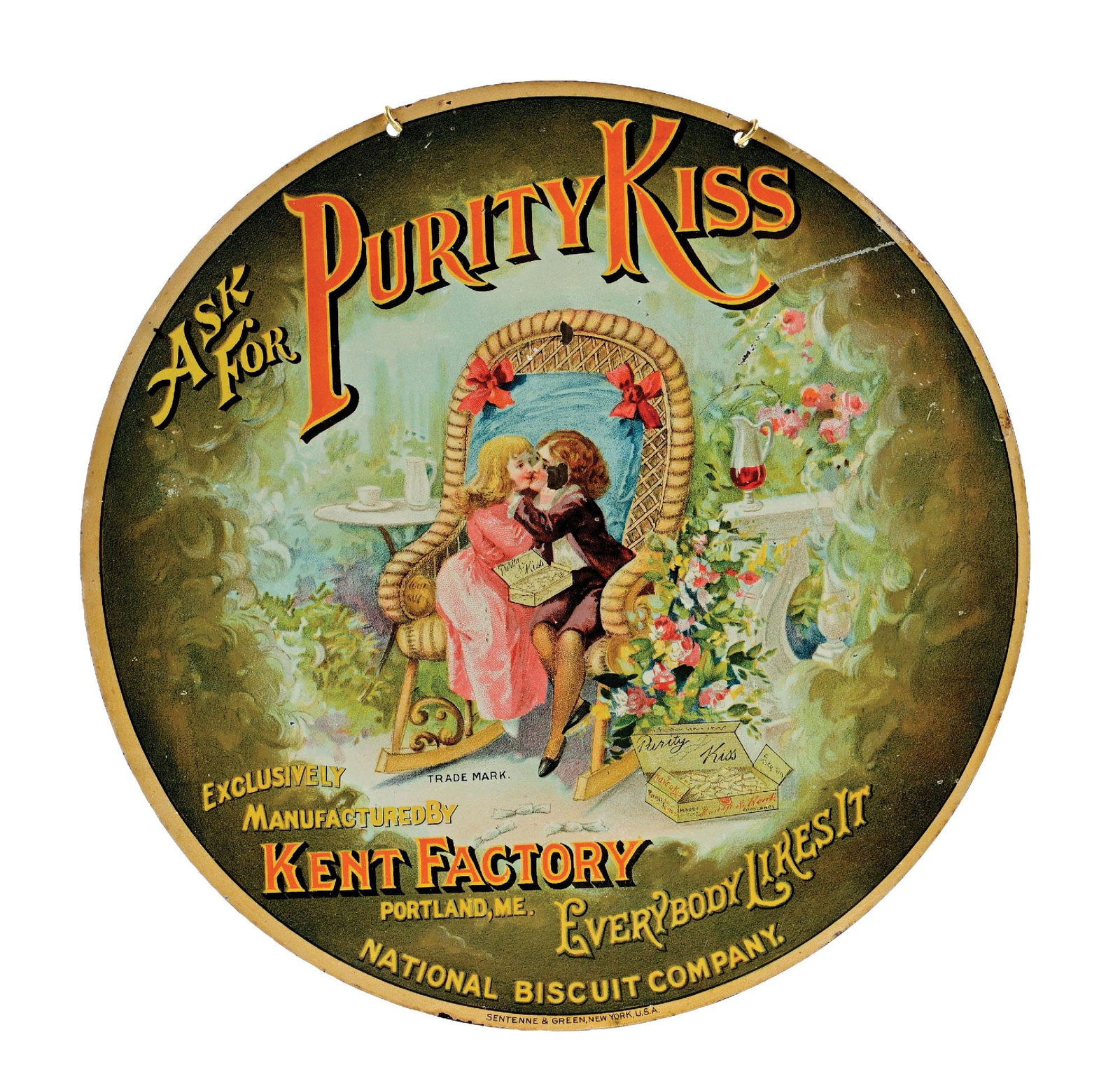 ASK FOR PURITY KISS TIN LITHO SIGN W/ HANGING CHAIN.: SST. Maker Marked Sentenne & Green, New York. CONDITION: Excellent color & gloss throughout showing minor paint nicks in the inner field as well as some minor denting. Light wear along the outer edge 