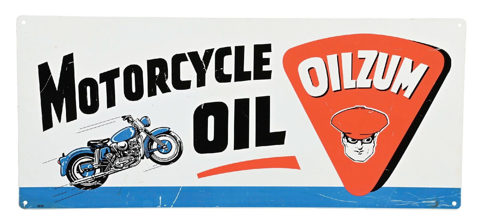 OILZUM MOTORCYCLE OIL PAINTED METAL SIGN: SST. Contemporary Sign for Oilzum Motorcycle Oil. CONDITION: Excellent color & gloss throughout showing areas of surface scratching in the inner & outer fields. Light wear at the mounting holes and al