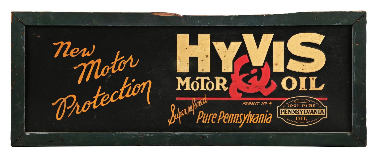 HYVIS MOTOR OIL EMBOSSED TIN SIGN WITH ORIGINAL WOOD FRAME: SST. C. 1930s. CONDITION: Showing good color throughout with general age wear in the fields. Showing minor areas of staining as well as some rust pitting to the surface. Mounted in original wood frame