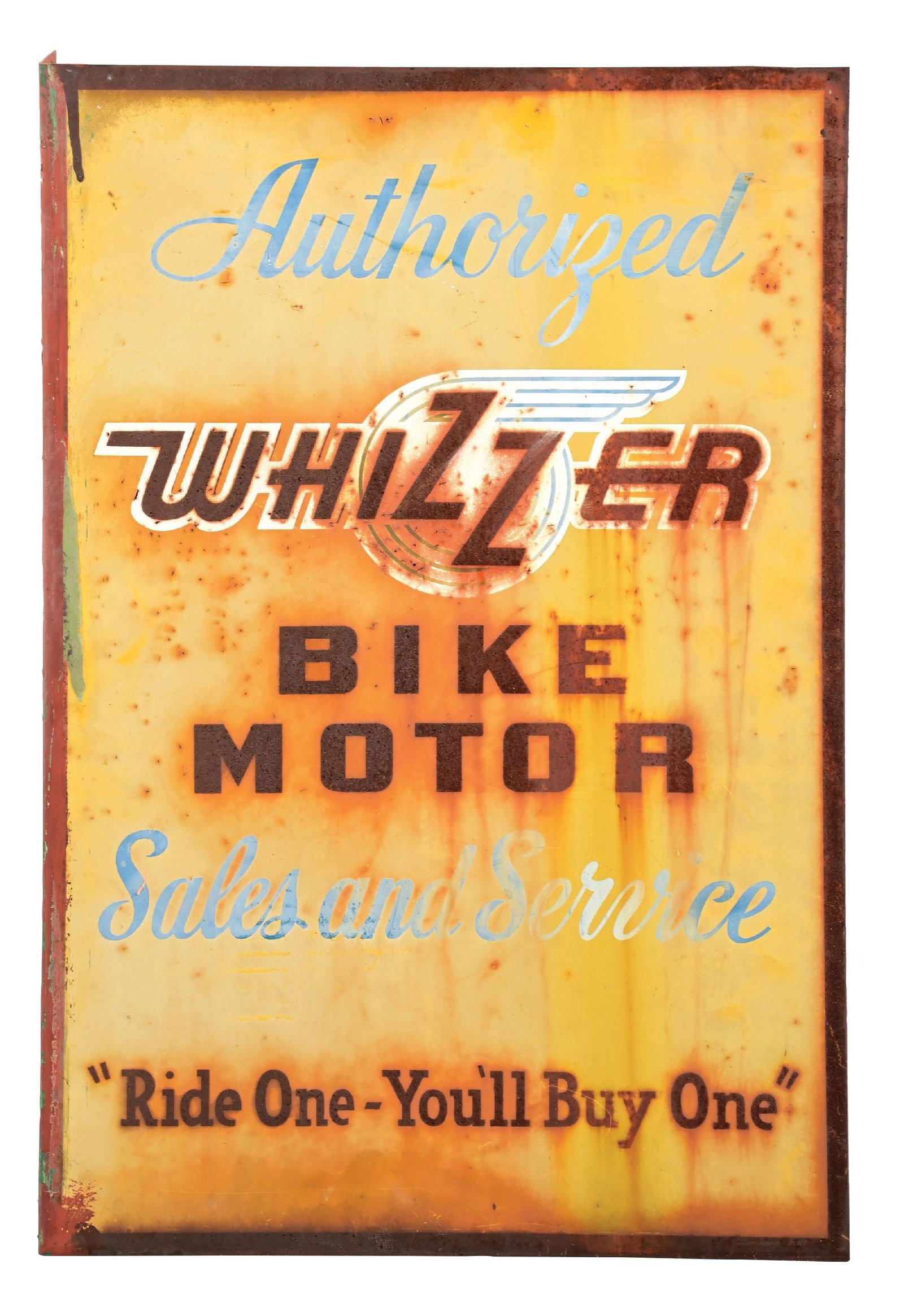 AUTHORIZED WHIZZER BIKE MOTOR SALES AND SERVICE TIN FLANGE SIGN: DST. C. 1950s. CONDITION: Showing moderate to heavy wear throughout each side with paint loss and loss of gloss. Moderate wear at the flange. Condition: (5.0). Dimensions: 23 - 3/4" x 15 - 3/4" x 2".