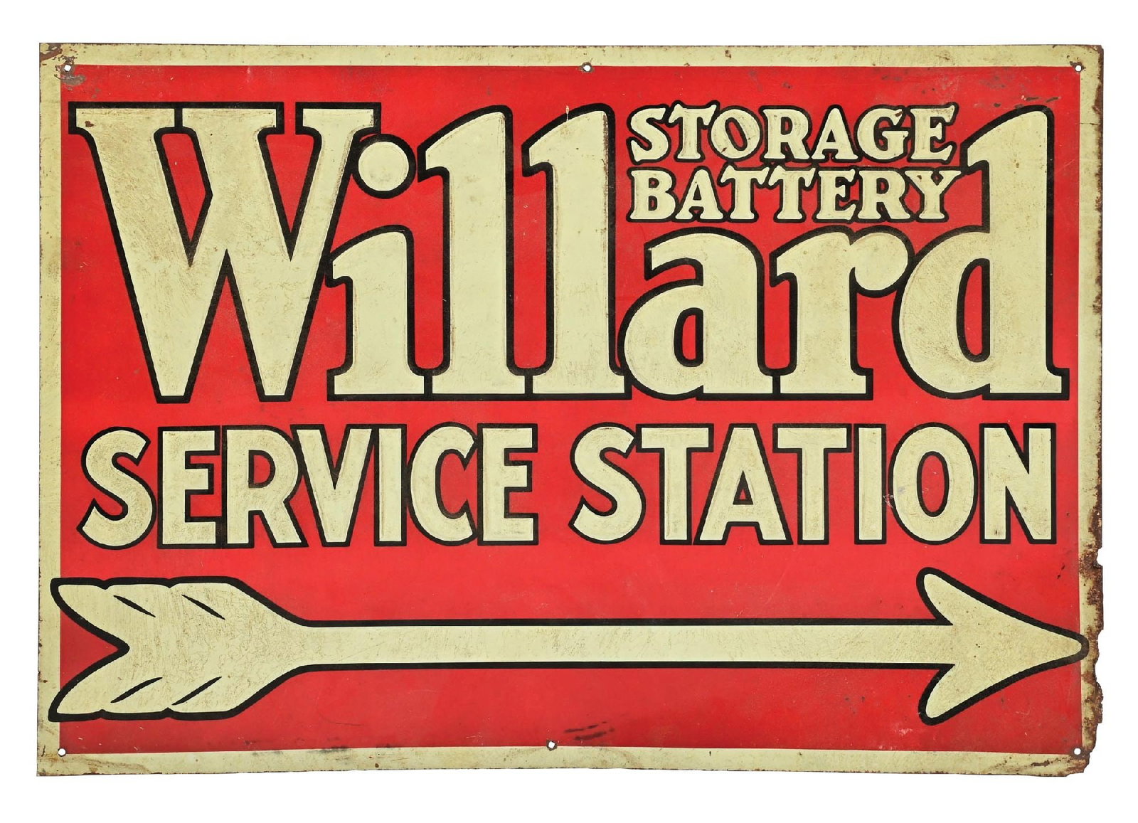 WILLARD STORAGE BATTERY SERVICE STATION EMBOSSED TIN DIRECTIONAL SIGN: SST. C. 1930s. CONDITION: Sign shows very good color & gloss with some areas of age staining and surface scratches in the field but overall clean. Moderate wear at the mounting holes with some areas o