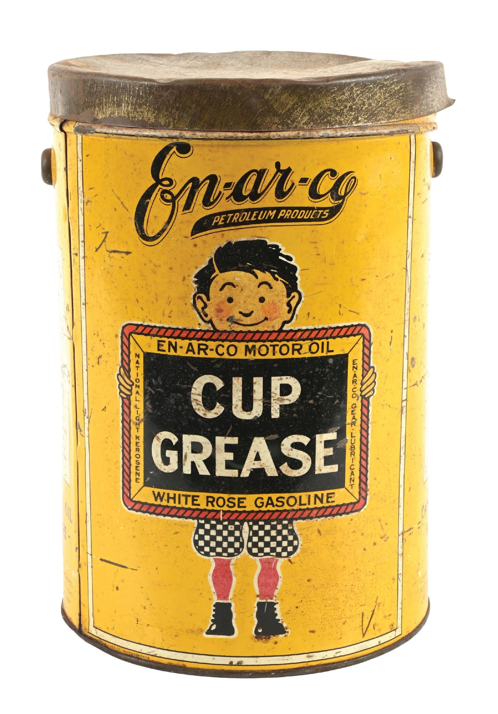 ENARCO CUP GREASE LARGE GREASE CAN: 25 Lb Can. C. 1930s. CONDITION: Overall good color throughout, showing moderate areas of age and surface wear throughout. Showing original lid intact with wear along the edges. Missing handle. A rare 