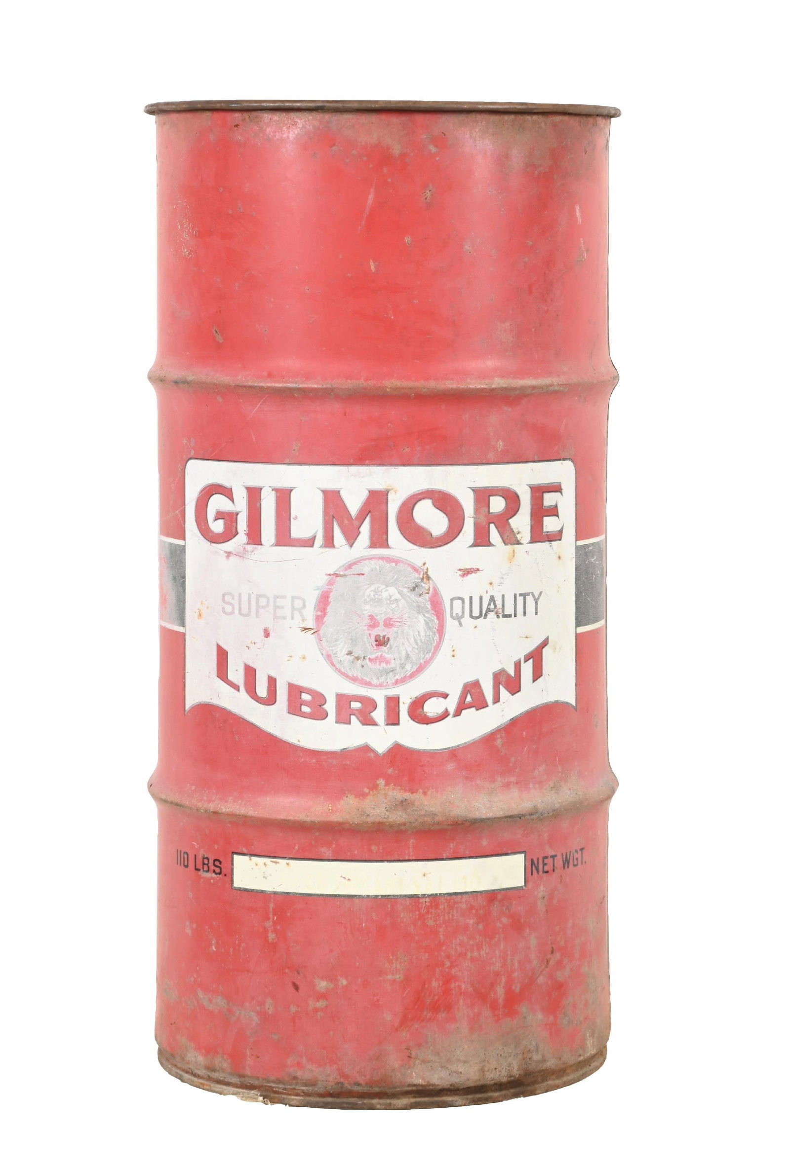 GILMORE LUBRICANT 110 LB OIL DRUM.: CONDITION: Showing fair color with moderate to heavy areas of fading in the script and graphic. Drum is missing top lid. A well displaying example with an excellent patina. Condition: (ORIGINAL). Dime