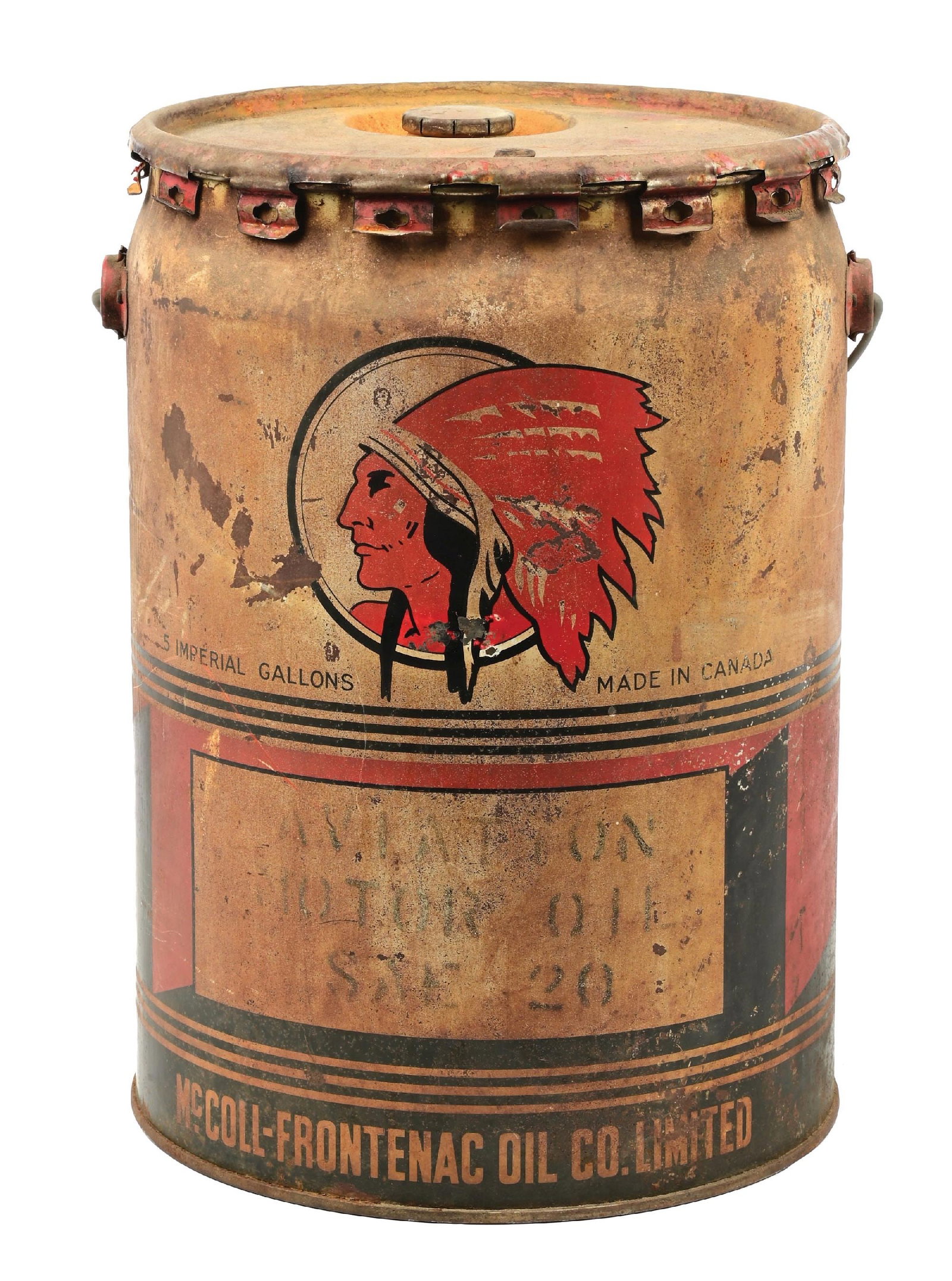 MCCOLL-FRONTENAC OIL CO. FIVE IMPERIAL GALLON CAN W/ INDIAN GRAPHIC.: Five Gallon Can. C. 1940s. CONDITION: Showing general wear throughout with areas of surface scratching and heavy staining but retaining a well displaying Indian graphic. Showing original lid and carry