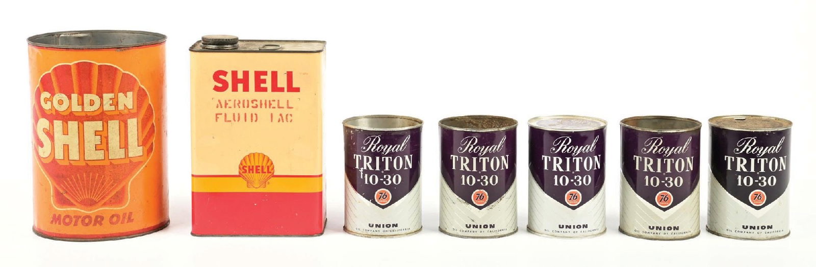 COLLECTION OF 7: SHELL AND UNION 76 ROYAL TRITON MOTOR OIL CANS.: Collection Consists Of: Five individual one quart cans for Union 76 Royal Triton Motor Oils, one Golden Shell Motor Oil Five Quart & One Shell Aeroshell One Gallon Can. CONDITION: Each in good conditi