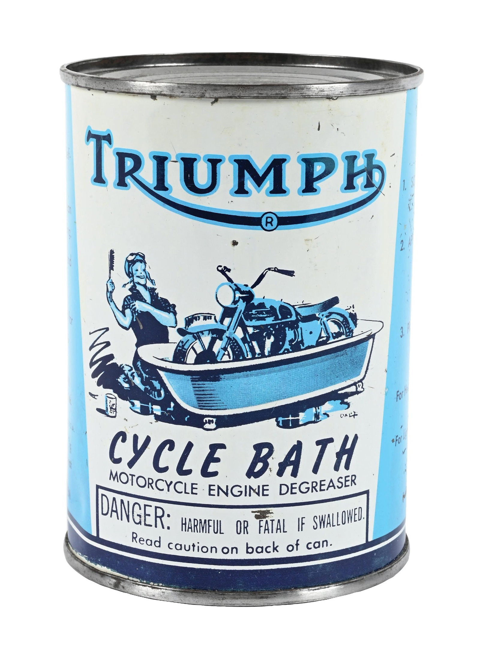 TRIUMPH CYCLE BATH MOTORCYCLE ENGINE DEGREASER ONE PINT CAN: 15 Oz Can. C. 1960s. CONDITION: Bright and glossy field showing excellent condition graphic with minor areas of light surface scratches. Can shows a solder seam and has been emptied from the bottom. A
