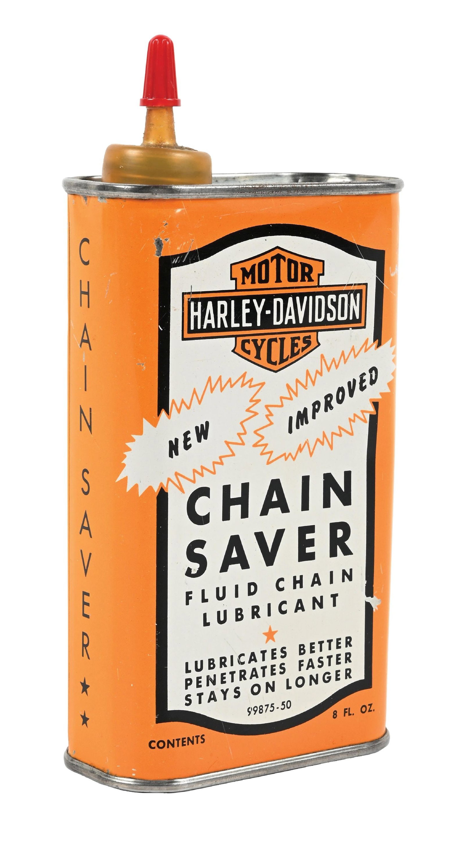 HARLEY-DAVIDSON MOTORCYCLES CHAIN SAVER 8 OZ.CAN: 8 OZ Can. C. 1950s. CONDITION: Bright and glossy throughout showing minor surface scratches at the corners and edges. Showing original cap intact. A well displaying example. Condition: (8.5). Dimensio