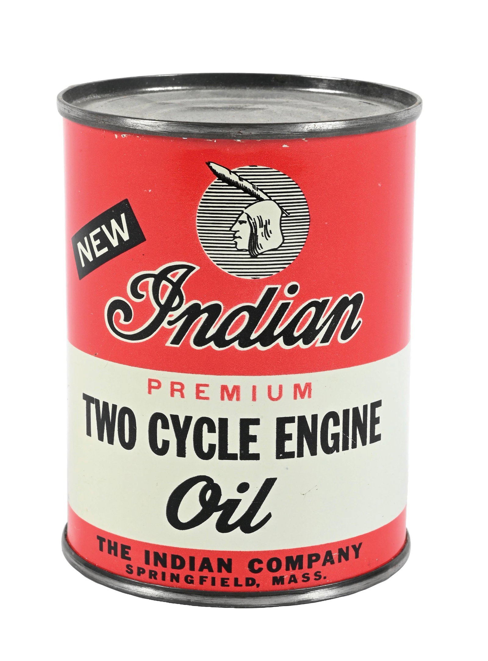 NEW INDIAN PREMIUM TWO CYCLE ENGINE OIL ONE HALF PINT CAN: Half Pint Can. C. 1950s. CONDITION: Brilliant color & gloss throughout showing only the lightest amount of storage wear. Clean throughout all sides showing a solder seam. Can is full. A tough to impro