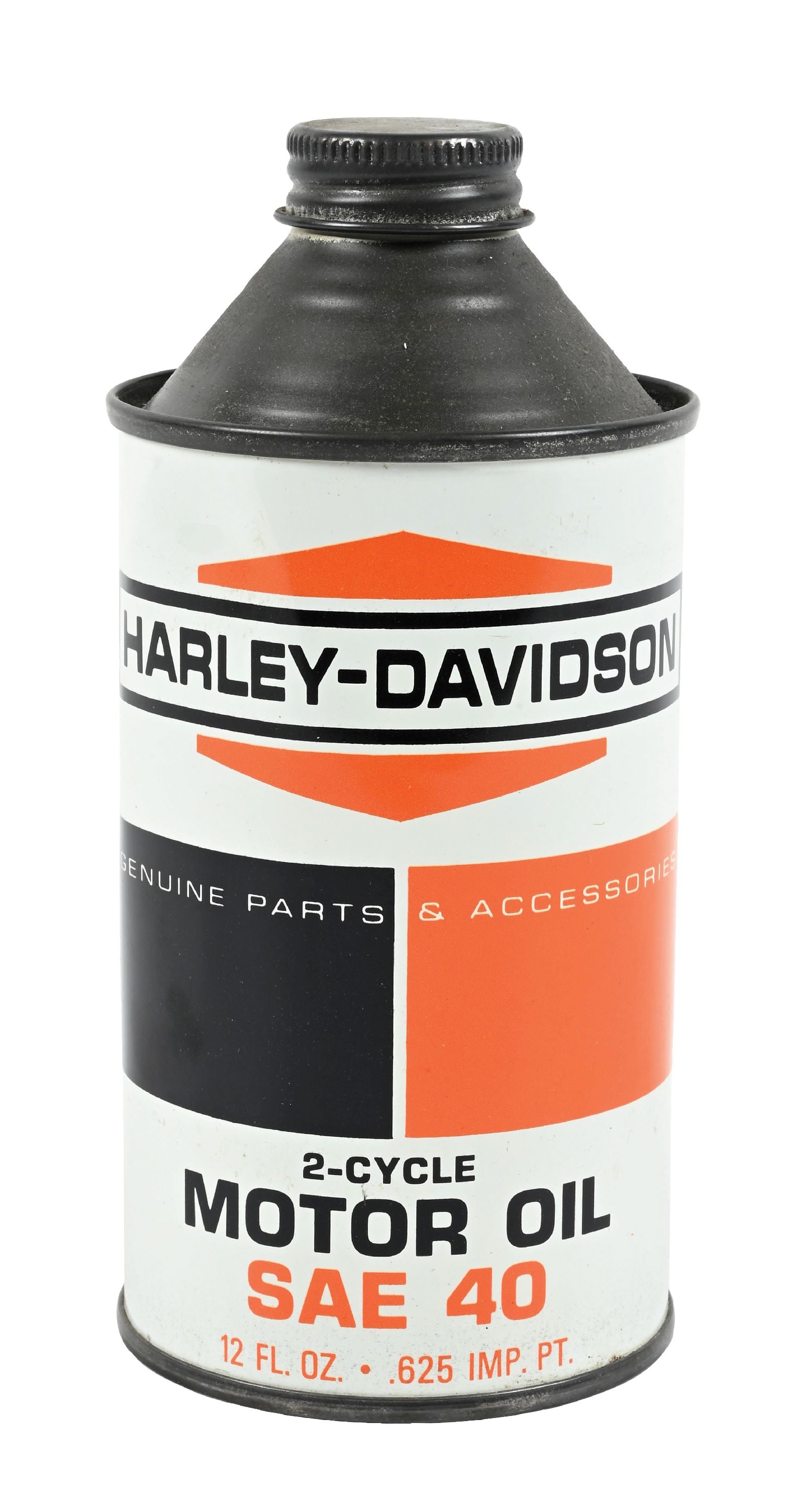 HARLEY-DAVIDSON 2-CYCLE MOTOR OIL 12 OZ. CONE TOP CAN: 12 Oz Can. C. 1970s. CONDITION: Excellent colro & gloss showing one minor dent at upper left. Can shows a solder seam with original cap intact and cone top in excellent condition. Full. Condition: (8.