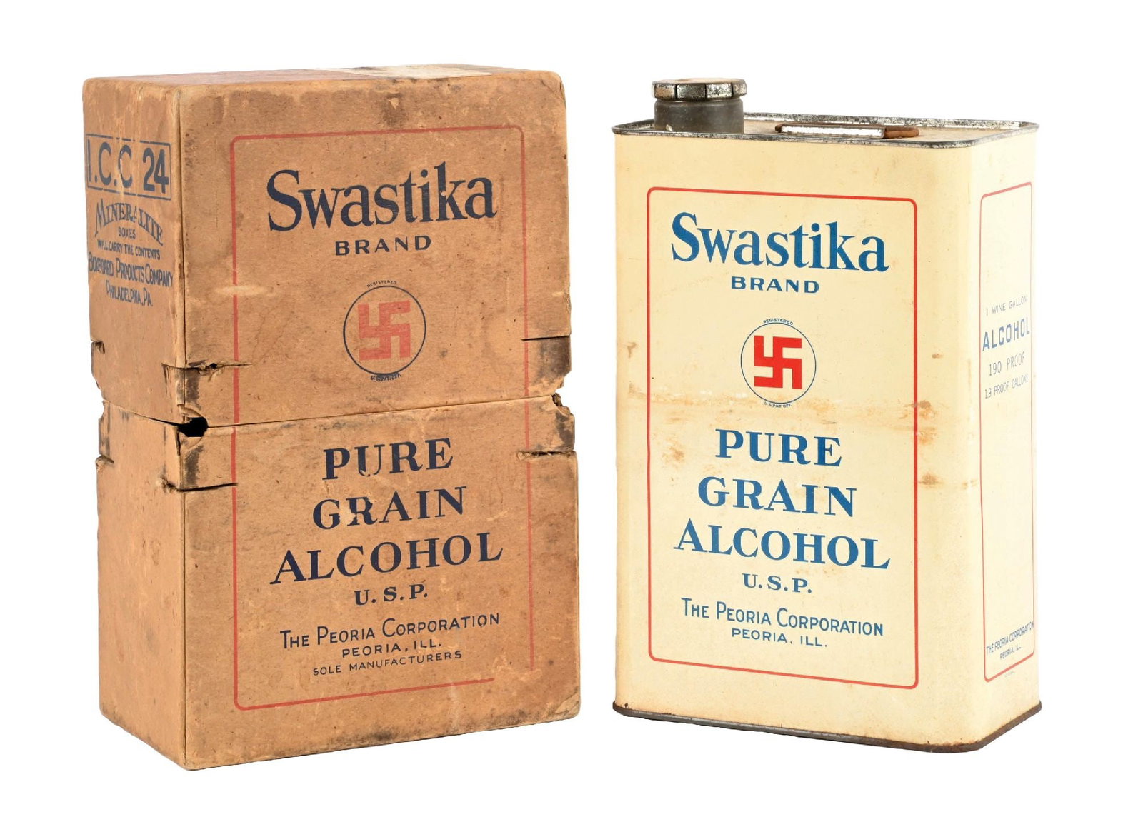 SWASTIKA BRAND PURE GRAIN ALCOHOL ONE GALLON CAN WITH ORIGINAL BOX: One Gallon Can with Original Box. CONDITION: Very good color & gloss showing light surface scratching and staining in the fields. Can is dent free and shows original lid and carrying handle. Box shows