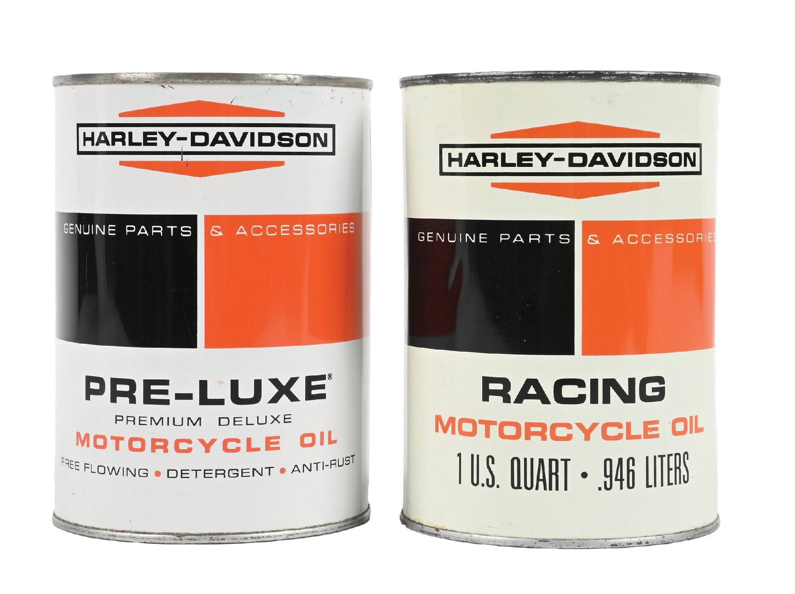 COLLECTION OF 2: HARLEY DAVIDSON RACING AND PRE-LUXE MOTORCYCLE OIL ONE-QUART CANS: Collection Consists Of: Harley Davidson Racing and Pre-Luxe One-Quart Cans. CONDITION: Cans are each in excellent condition, showing brilliant color and gloss with only minimal areas of light surface 