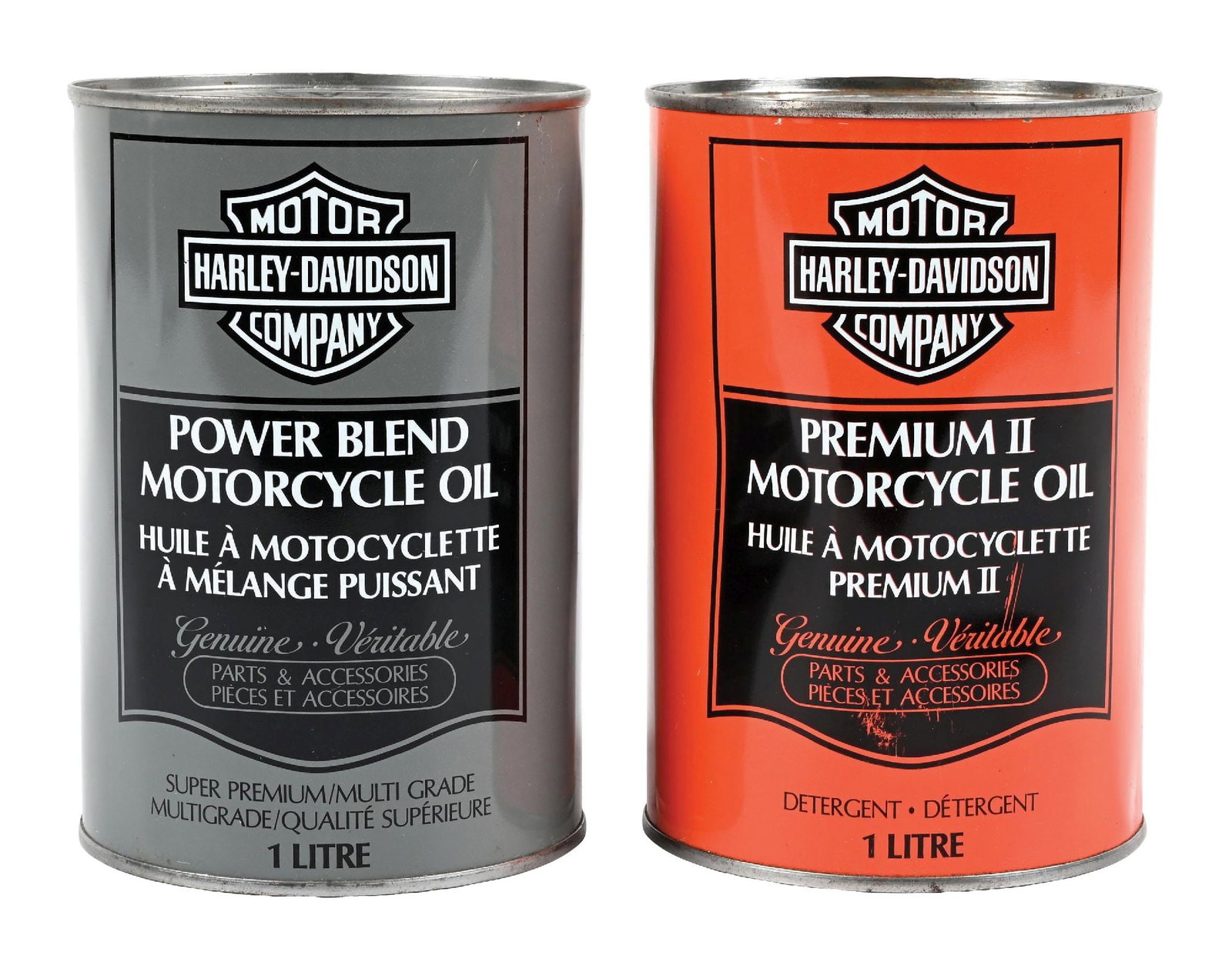 COLLECTION OF 2: HARLEY-DAVIDSON POWER BLEND AND PREMIUM II MOTORCYCLE OIL ONE LITER CANS: Collection Consists Of: Harley Davidson Power Blend & Premium II One Liter Oil Cans. CONDITION: Each showing excellent color & gloss with some moderate denting in the fields from suction. Cans are eac