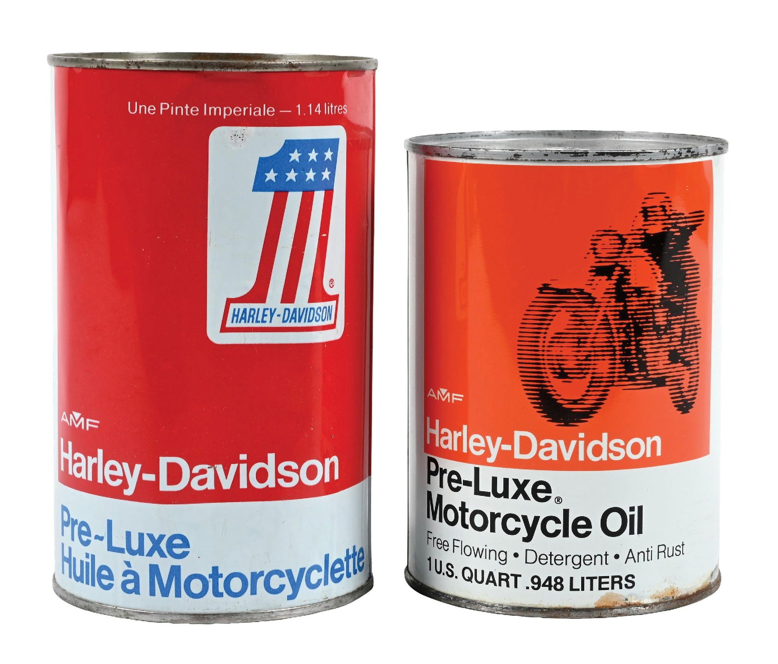 COLLECTION OF 2: HARLEY-DAVIDSON PRE-LUXE MOTORCYCLE OIL ONE QUART AND ONE LITER CANS: Collection Consists Of: Harley Davidson Pre Luxe Motor Oil One Quart & One Liter Cans. CONDITION: Each in very good condition showing light wear. Quart showing minor paint loss along lower edge and li