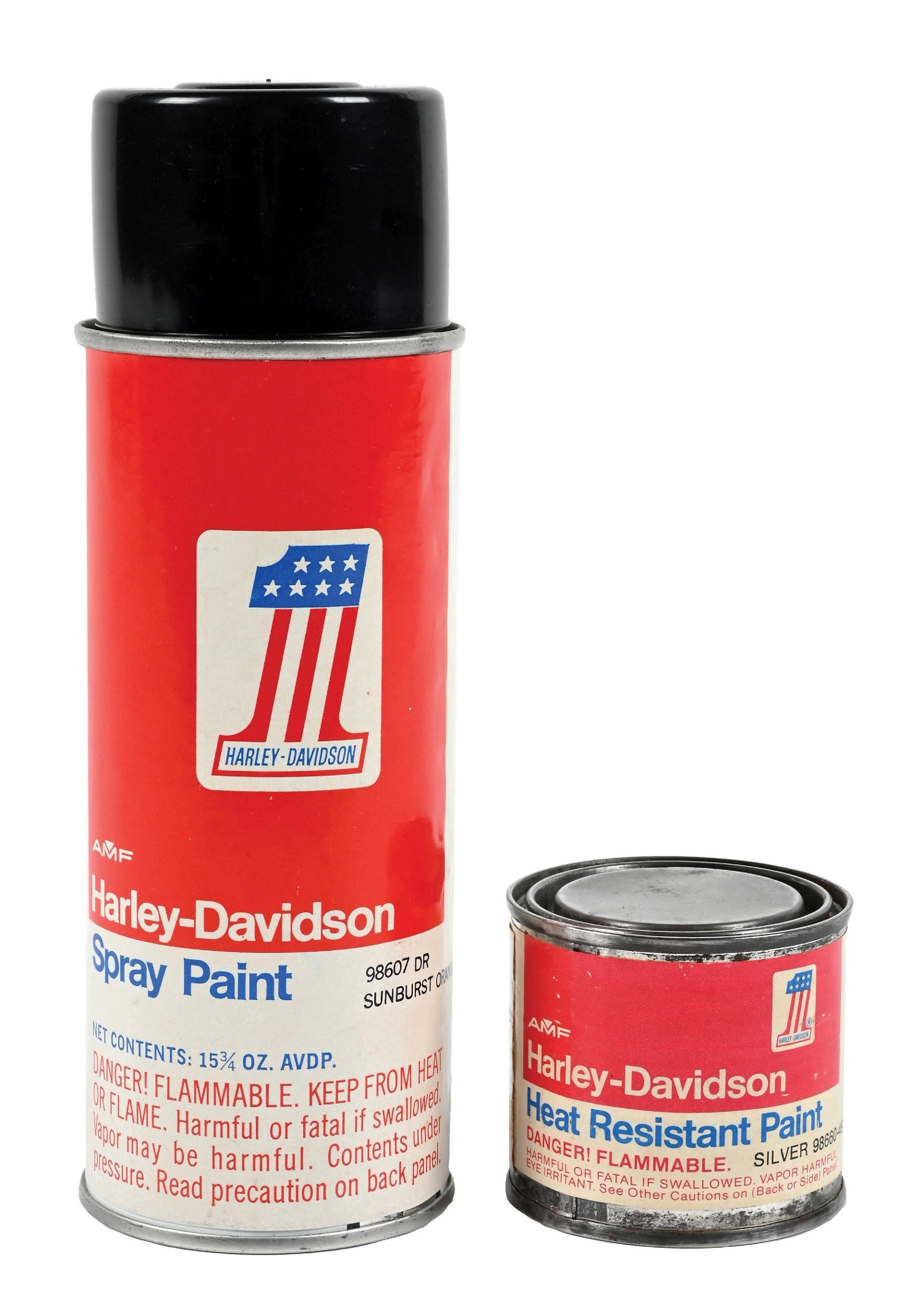 COLLECTION OF 2: HARLEY DAVIDSON HEAT RESISTANT 1/4 PINT CAN AND SPRAY PAINT CAN: Collection Consists Of: Harley Davidson Spray Paint & Heat Resistant Paint Cans. CONDITION: Each in excellent condition showing original paper labels. Minimal areas of light age wear, both showing ori
