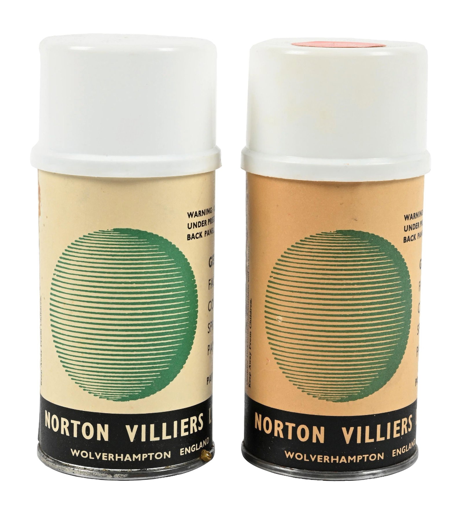 COLLECTION OF 2: NORTON VILLIERS FACTORY COLOR SPRAY PAINT 10 OZ. CANS: Collection Consists Of: Two n.o.s factory color spray paint from Norton showing original paper labels. CONDITION: Each can showing minimal wear to the paper labels with excellent condition caps. Each 
