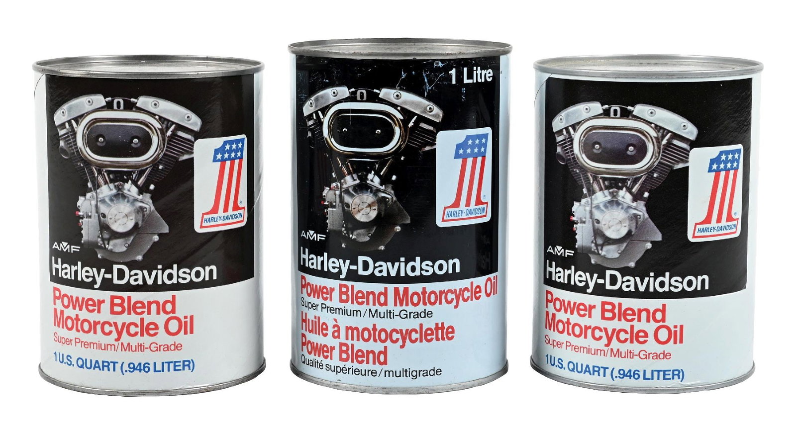 COLLECTION OF 3: HARLEY-DAVIDSON POWER BLEND MOTORCYCLE MOTOR OIL QUART & LITER CANS (1 of 4)