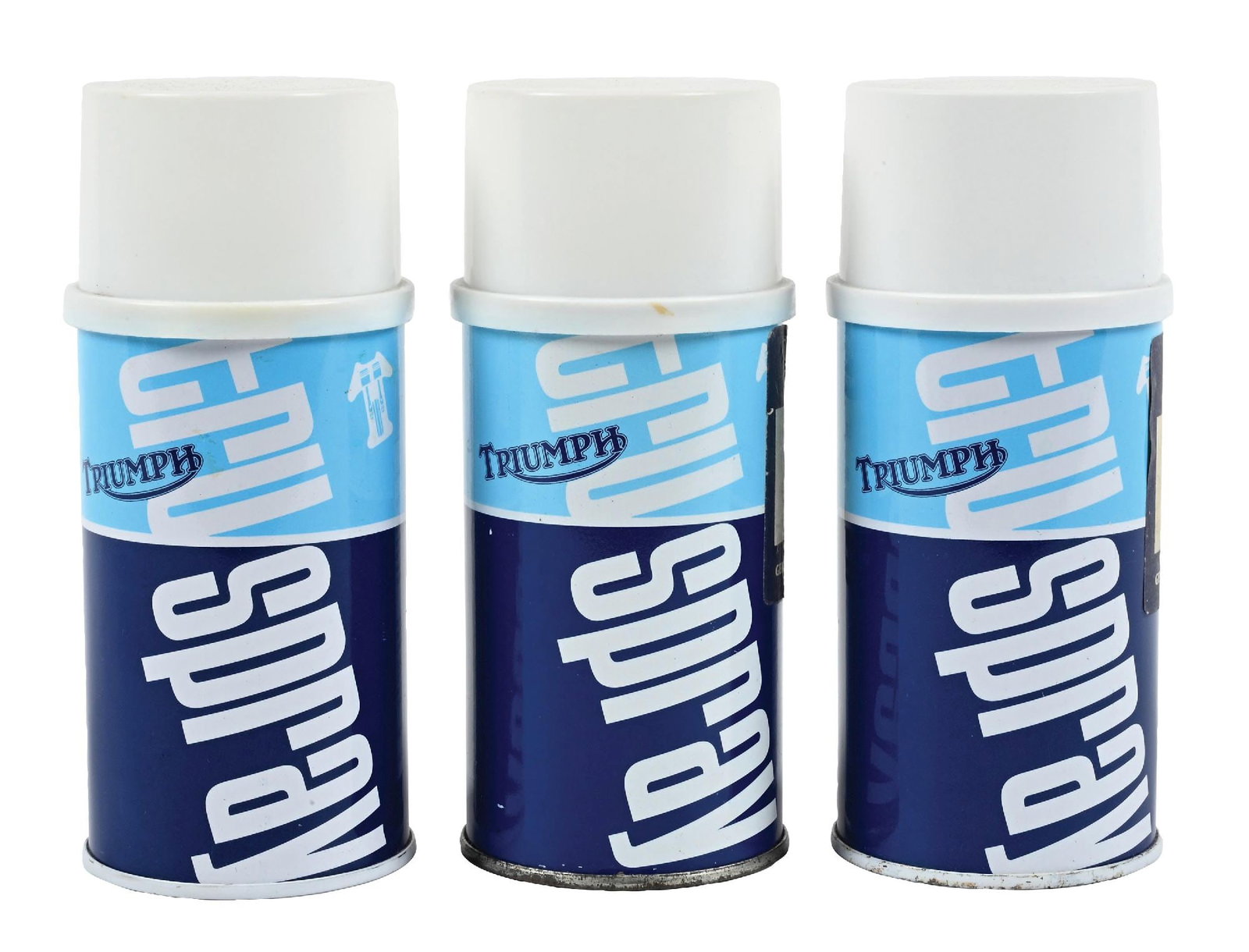 COLLECTION OF 3: TRIUMPH MOTORCYCLES TRU SPRAY PAINT CANS: Collection Consists Of: Three individual Triumph Motorcycles "Tru Spray" Paint Cans. CONDITION: Each showing excellent color & gloss with light areas of age wear tot he paper labels. Caps in excellent