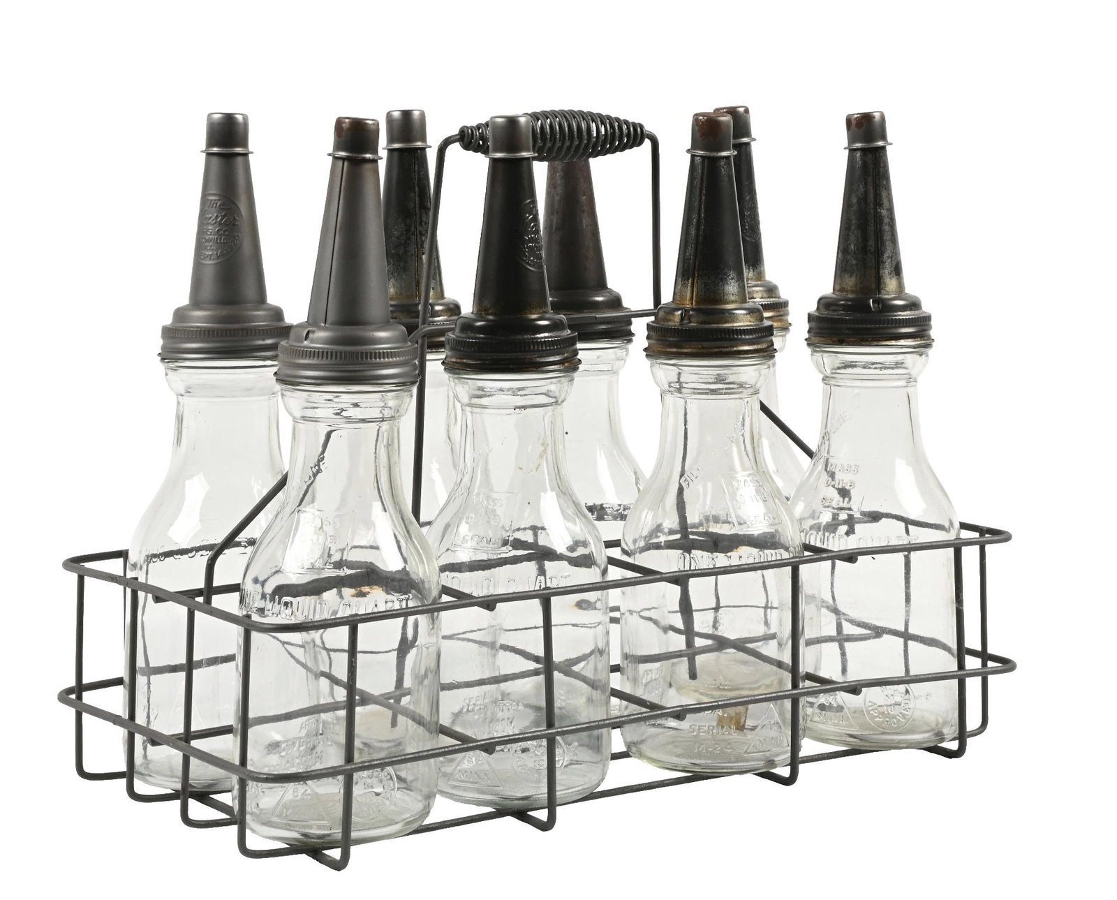 COLLECTION OF 8: ONE QUART GLASS MOTOR OIL BOTTLES WITH WIRE CARRYING TOTE.: Complete Set Of 8 Bottles with original carrying rack. CONDITION: Excellent original condition with no notable heavy wear of damage. Condition: (Excellent). Dimensions: Total: 18 - 3/4" x 14 - 1/4" x 