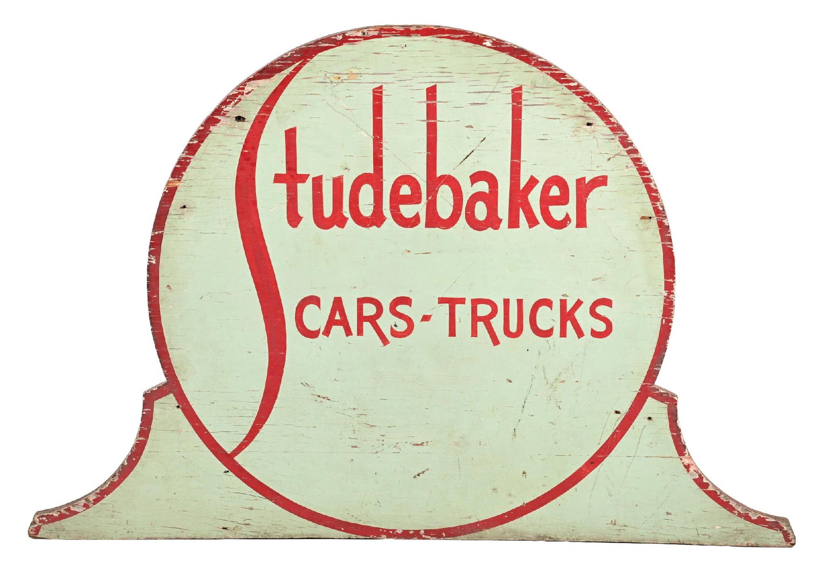 STUDEBAKER CARS & TRUCKS PAINTED WOOD MARQUEE SIGN: Single Sided Hand Painted Wood Sign. C. 1950s. CONDITION: Overall very good showing light general wear throughout with surface scratching and minor paint chipping. Added nail holes in the outer fields
