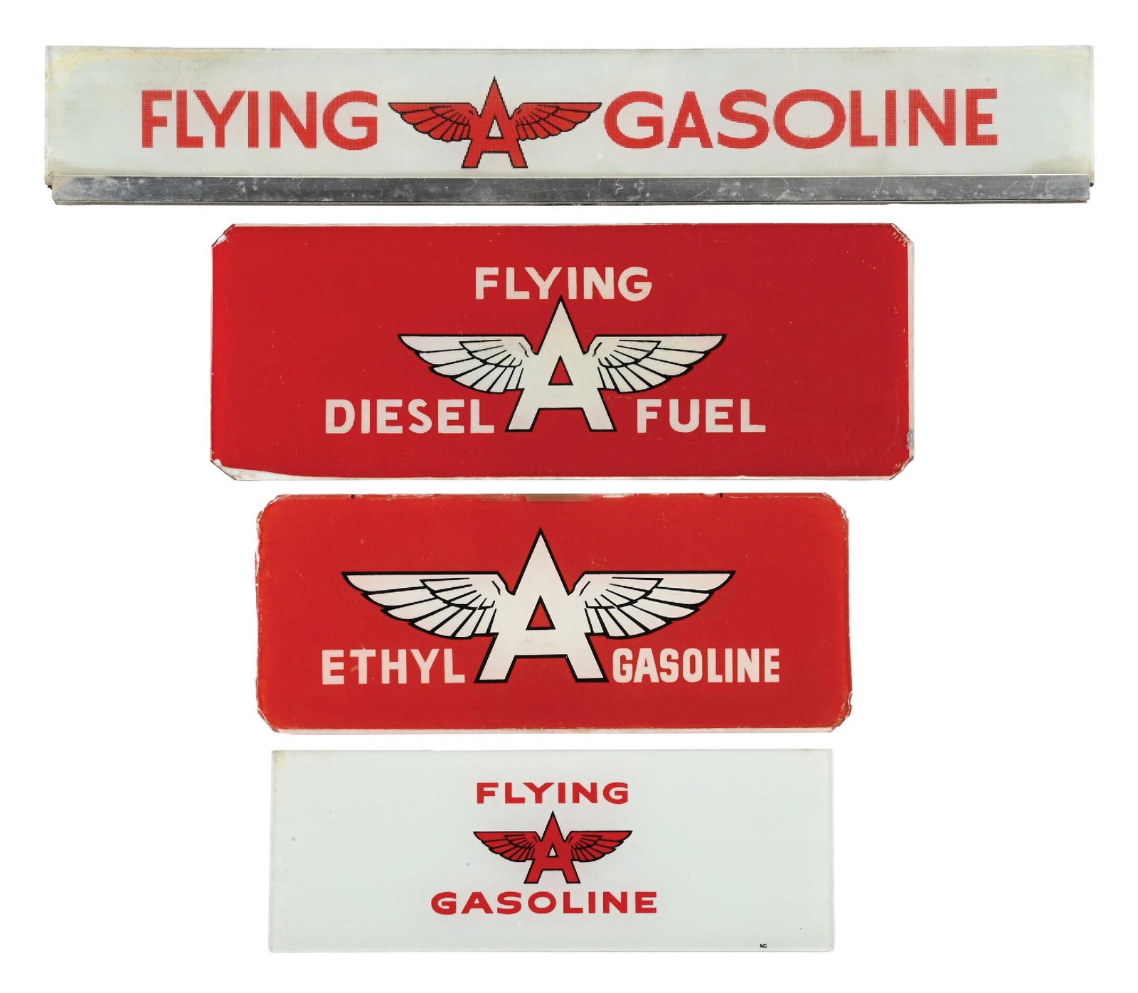 COLLECTION OF 4: FLYING A AD GLASS PANELS: Collection Consists Of: Four individual ad glass panels for flying a gasoline. CONDITION: Each in good condition showing light areas of age and use wear with no heavy damages. Condition: (Various). Di