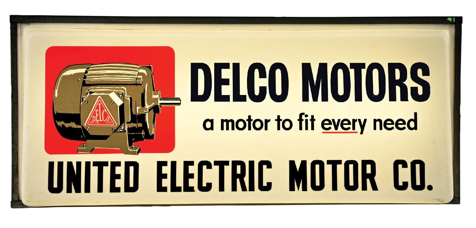 DELCO MOTORS "A MOTOR TO FIT EVERY NEED" LIGHT-UP SIGN: Single-Sided Plastic Light-Up Store Display for Delco Motors showing Motor graphic. Maker marked Hanover Electric. CONDITION: Advertising face in excellent original condition, showing only minimal wea
