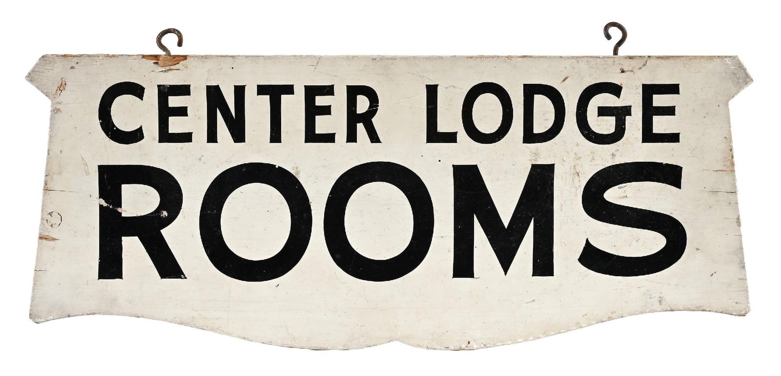 CENTER LODGE ROOMS DOUBLE-SIDED HAND PAINTED WOOD SIGN: Double-Sided Painted Wood. C. 1940s. CONDITION: Very good throughout each side, showing excellent color with light general wear giving the piece and excellent original patina. Minimal wear along the o
