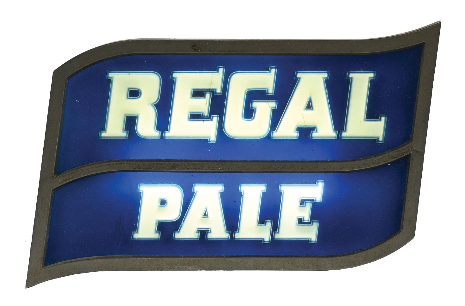 REGAL PALE BEER LIGHT-UP DISPLAY SIGN: Single-Sided Light-Up Display for Regal Beer showing plastic face with metal casing. CONDITION: In excellent working condition, showing minimal surface wear to the face as well as some age wear to the