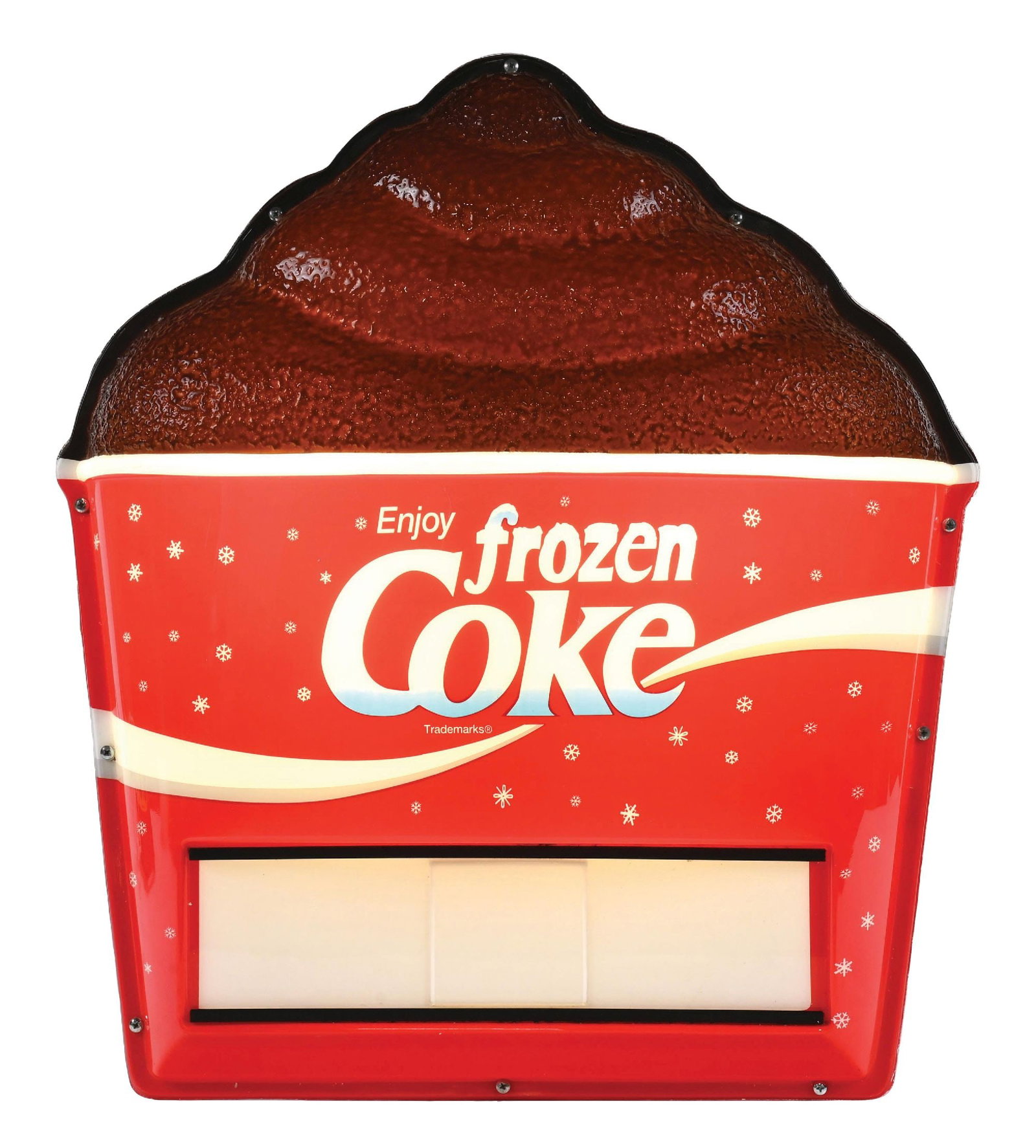 ENJOY FROZEN COKE VACUUFORM LIGHT-UP DISPLAY SIGN: Single-Sided Embossed Plastic Light-Up Store Display for Frozen Coke. CONDITION: In outstanding condition appear n.o.s. showing excellent color & gloss with no notable wear. Display lights up nicely a