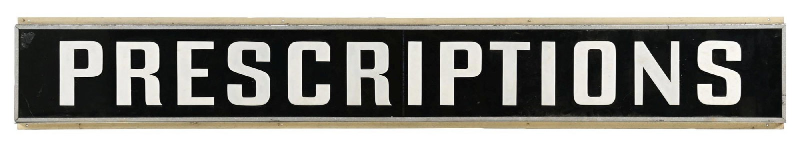 PRESCRIPTIONS ACRYLIC SIGN W/ METAL FRAMING.: Single Sided Acrylic Sign with Original Metal Frame. CONDITION: Excellent original condition showing only light age wear to the panel and metal trim. No notable heavy damage, overall displaying