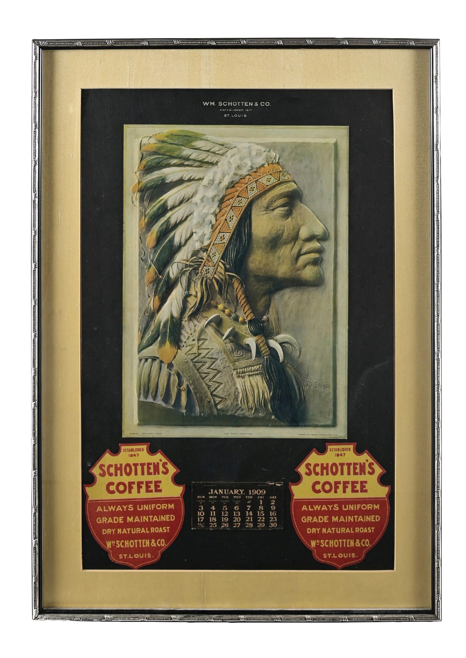 SCHOTTEN'S COFFEE FRAMED 1909 ADVERTISING CALENDAR WITH NATIVE AMERICAN GRAPHIC: Single Sided Framed Cardstock Calendar for Shottens Coffee showing embossed Native American graphic. Calendar also showing a full calendar pad beginning with January 1909. CONDITION: Excellent color