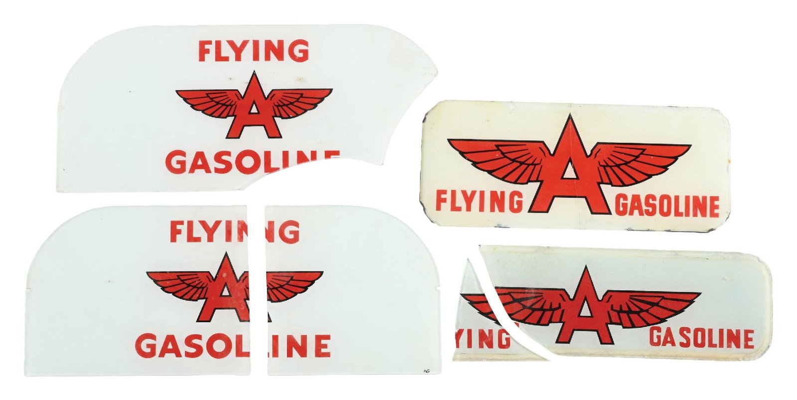 COLLECTION OF 4: FLYING A GASOLINE AD GLASS PANELS.: Collection Consists Of: Four various Ad Glass Panels for Flying A Gasoline, each broken or showing repair. Condition: (Broken). Dimensions: Largest item: 22-1/4" x 3-1/2".