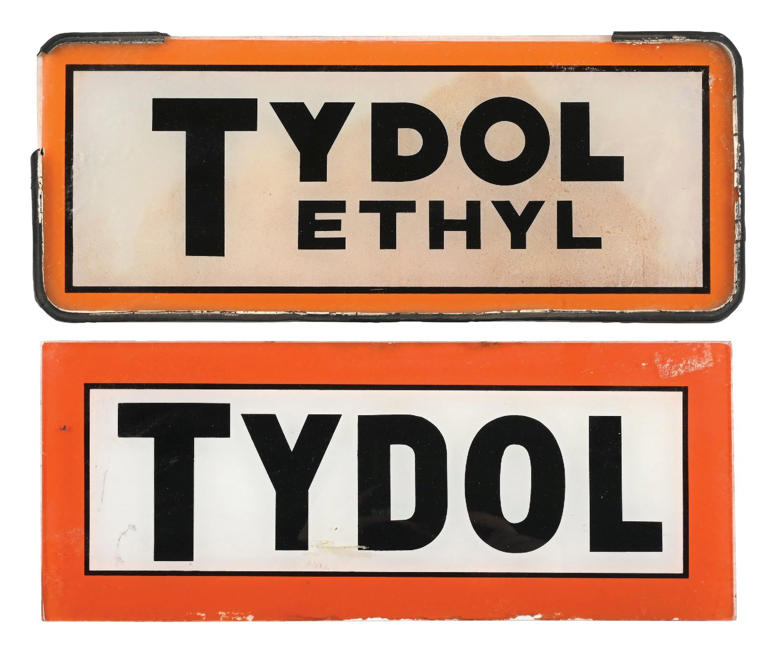 COLLECTION OF 2: TYDOL & TYDOL ETHYL AD GLASS PANELS: Collection Consists Of: Tydol & Tydol Ethyl Ad Glass Panels. CONDITION: Each showing light general use wear with some minor staining and surface scratches. Condition: (Various). Dimensions: Largest