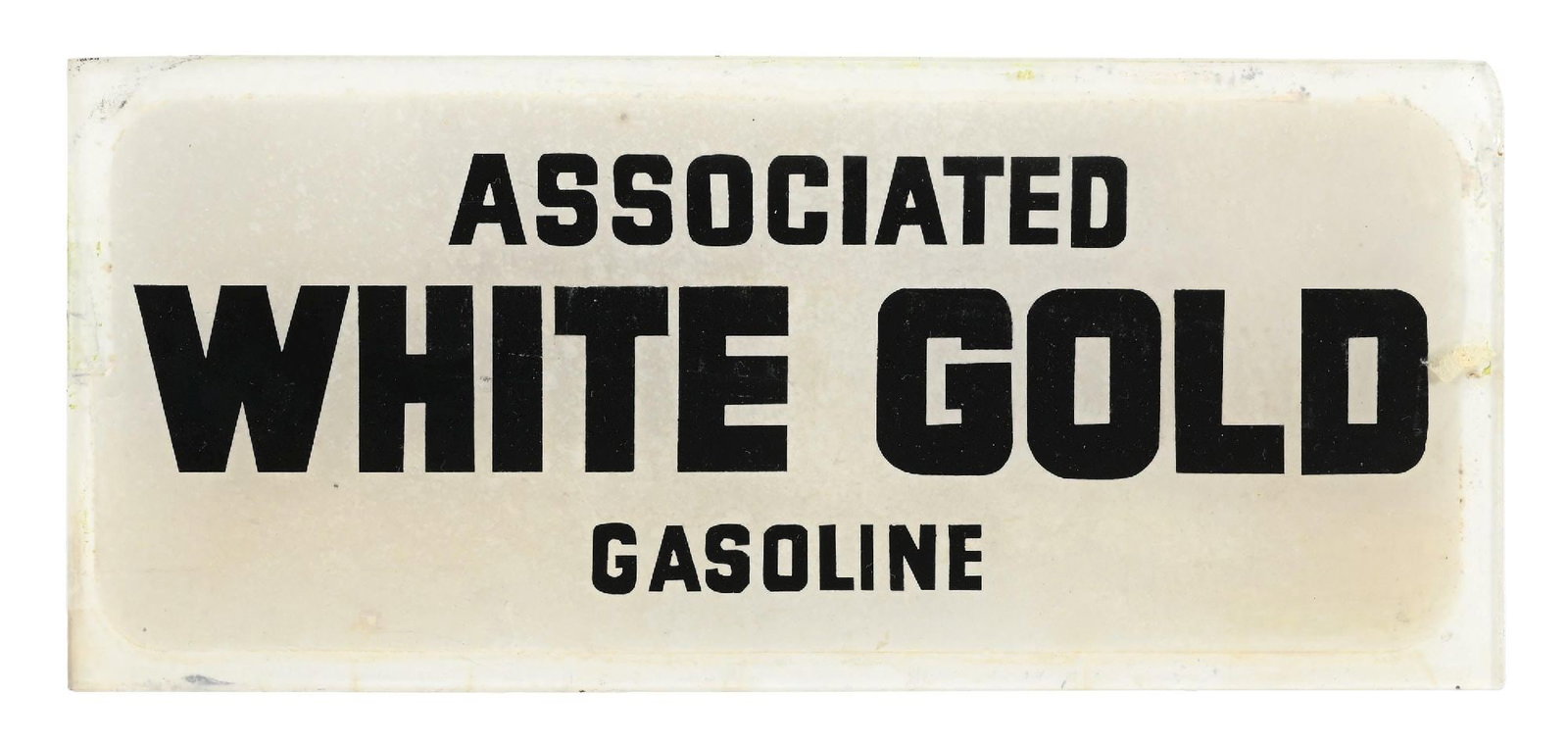 ASSOCIATED WHITE GOLD GASOLINE GAS PUMP AD GLASS: Single-Sided Ad Glass Panel. C. 1930s. CONDITION: Excellent color to the glass, with some minor staining in the white backing. Upper right edge showing a minor nick, overall very good. Condition: