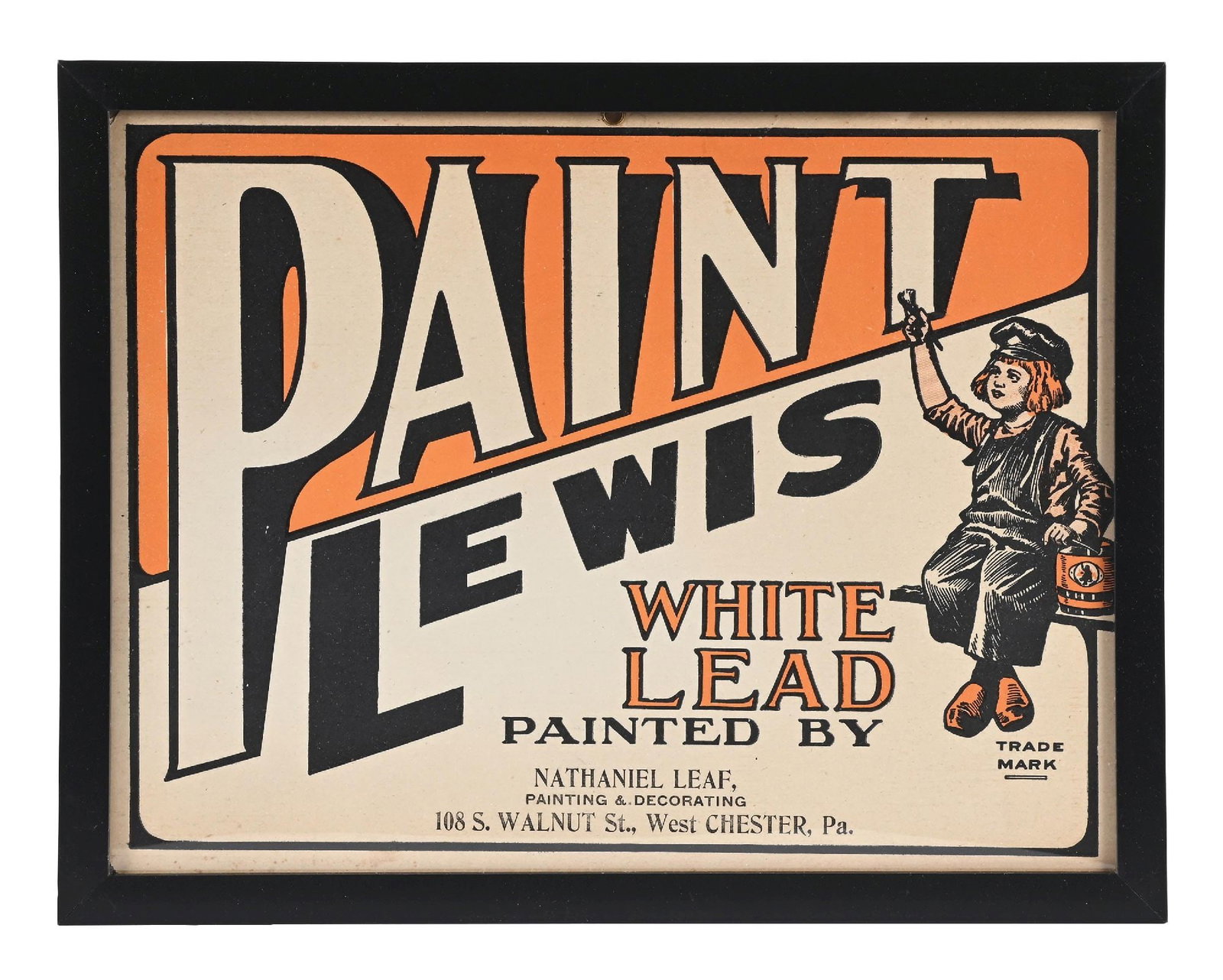 DUTCH BOY PAINTS FRAMED CARDSTOCK SIGN WITH DUTCH BOY GRAPHIC: Single-Sided Framed Cardstock. CONDITION: Overall very good, showing light general wear. Framed behind acrylic showing wooden outer frame. Displays well. Condition: (ORiginal). Dimensions: Frame: 13