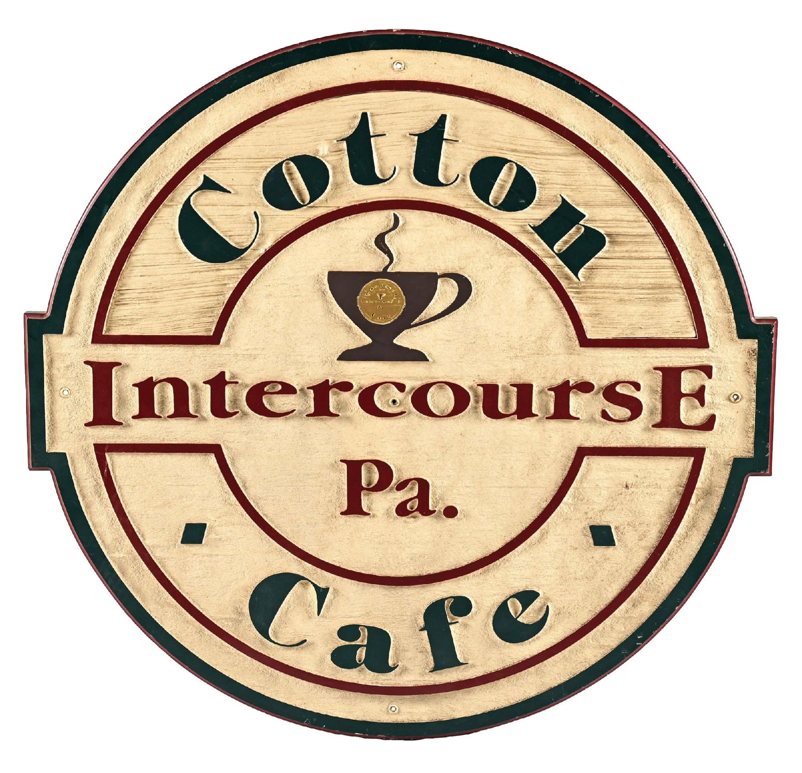 INTERCOURSE, PENNSYLVANIA COTTON CAFE CARVED WOOD SIGN: Single Sided Carved Wood. CONDITION: Excellent condition throughout showing excellent original paint with light age & use wear. Condition: (ORIGINAL). Dimensions: 38 - 1/2" x 37" x 1 - 1/2".