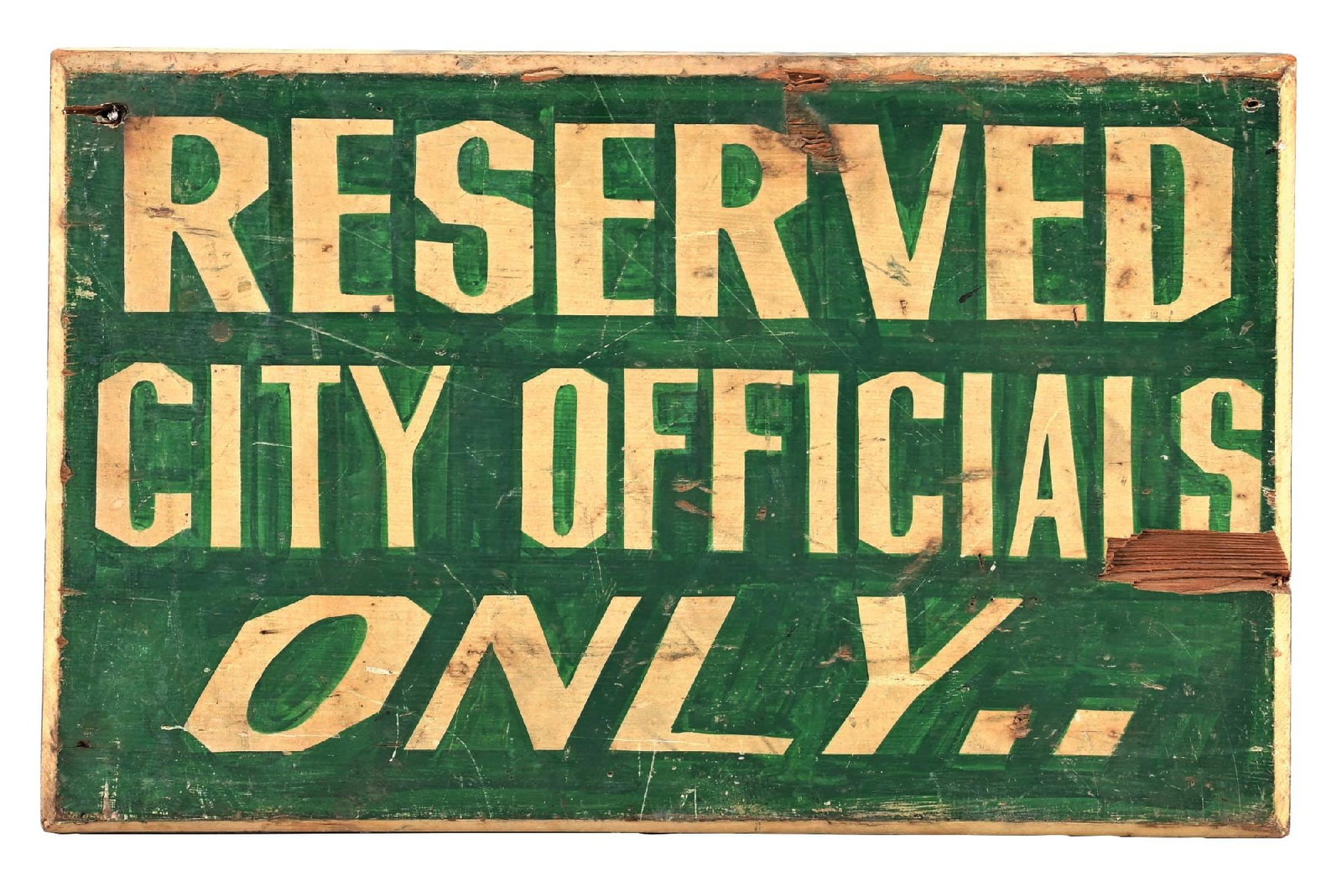 RESERVED CITY OFFICIALS ONLY HAND PAINTED WOOD SIGN: Single Sided Hand Painted Wood. C. 1930s. CONDITION: Very good color showing unique script throughout the field. Areas of surface wear throughout with chip at the right edge. Minimal wear along the