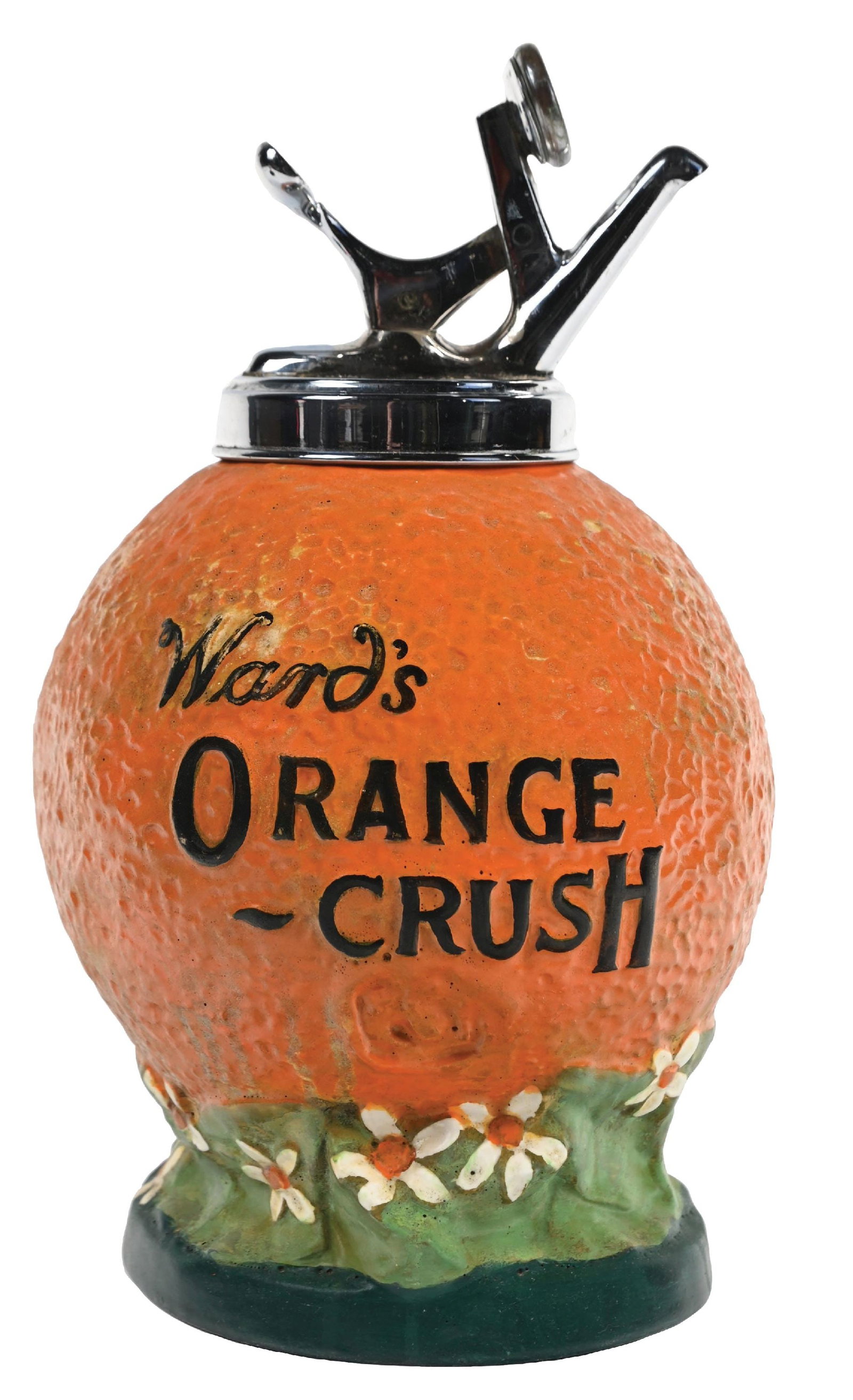 WARD'S ORANGE CRUSH SODA FOUNTAIN SYRUP DISPENSER: C. 1920. CONDITION: Shows faded color and shine. No chips, cracks, or repairs. No chips to the interior rim. Comes with a period pump, not original to the dispenser and marked "Orange". Condition: