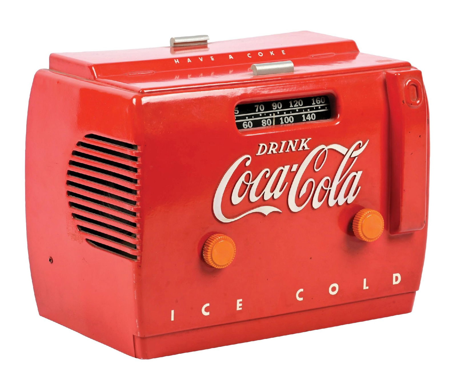 COCA-COLA COOLER RADIO: A nice example of this c. 1950s Bakelite cooler radio from Coca-Cola featuring the script logo and original knobs on the front. CONDITION: The body of the cooler remains crack-free. The dial glass is