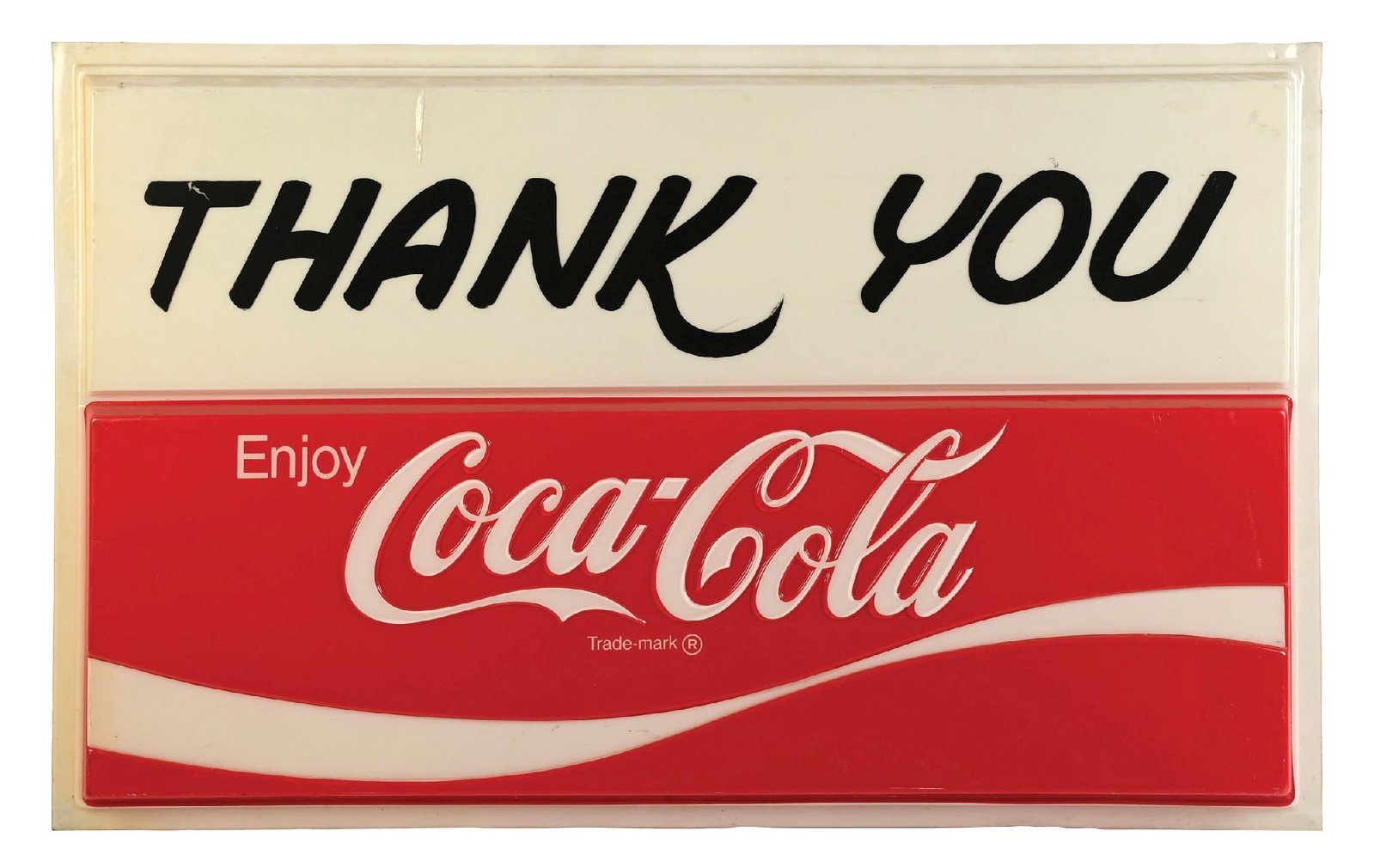LARGE ENJOY COCA-COLA "THANK YOU" EMBOSSED PLASTIC SIGN: This c. 1970s large embossed plastic sign from Coca-Cola features a privilege panel with hand-lettered tag line "Thank You". CONDITION: The field shows a few dark spots seen in the white sections. The