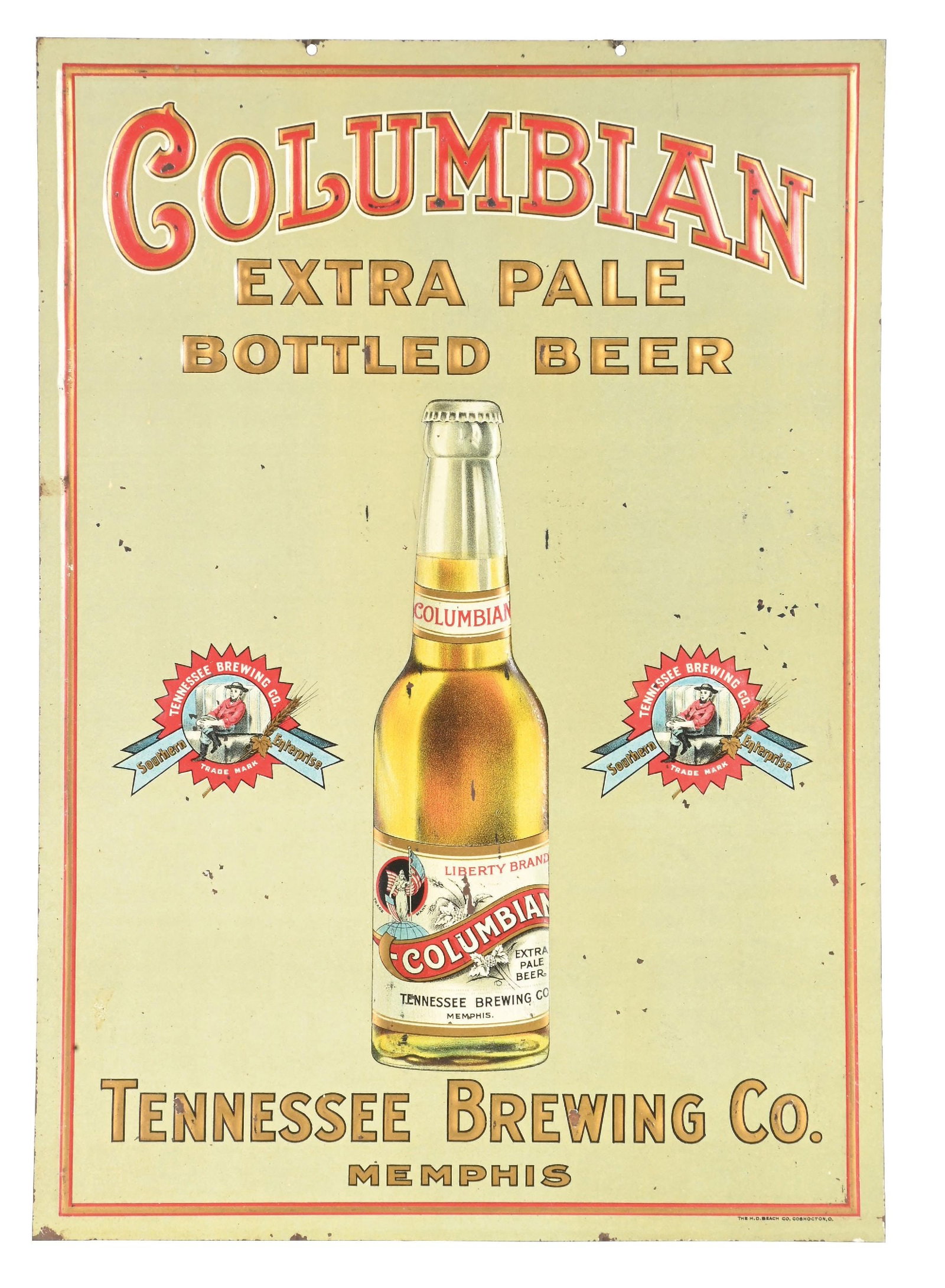 COLUMBIAN BOTTLED BEER EMBOSSED TIN SIGN: SST. Embossed tin make marked for the Beach co. CONDITION: Showing moderate edge wear with several areas of small chipping. several small speckle chips in the main field. Condition: (8.5). Dimensions: