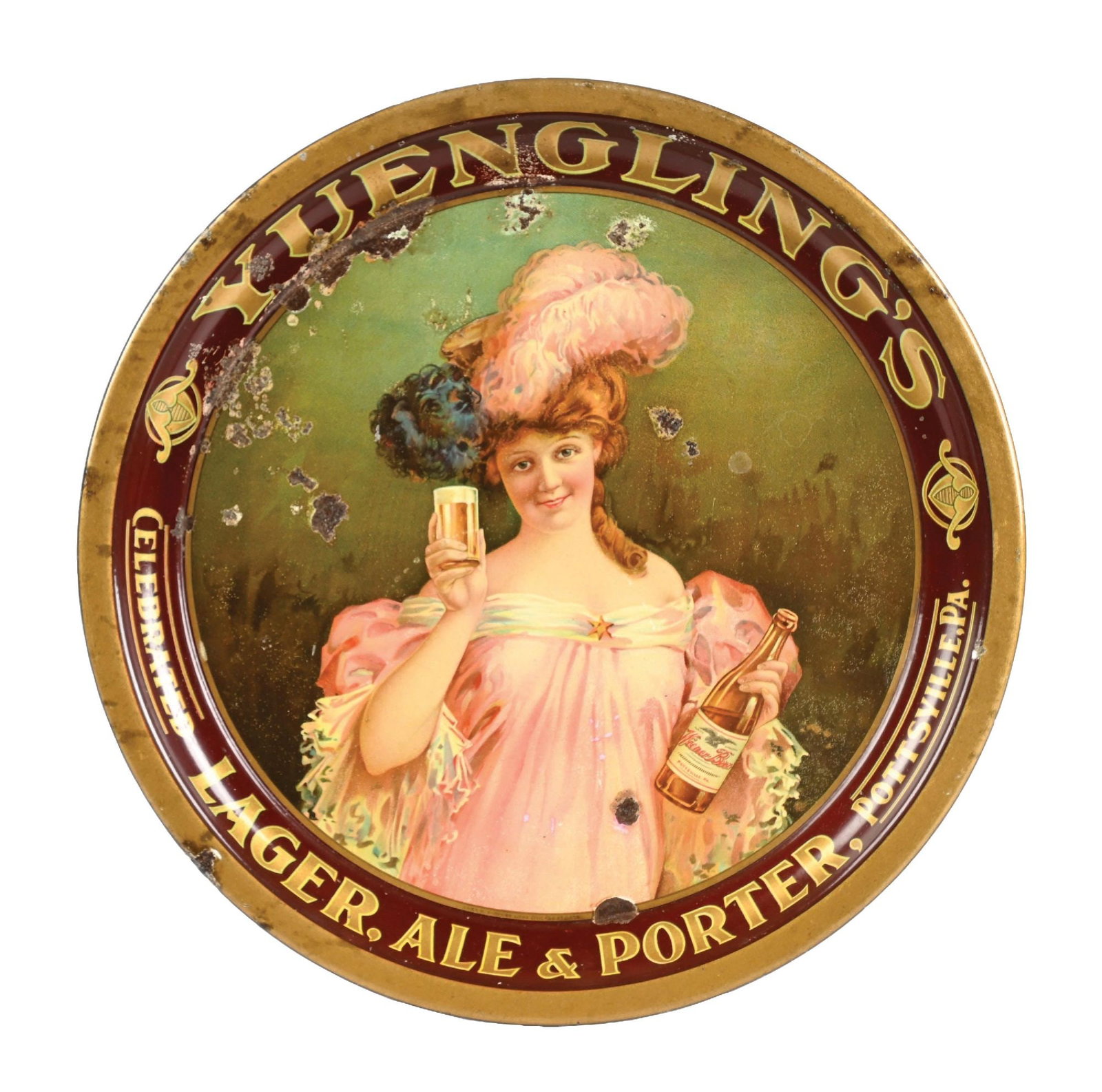 YUENGLING'S CELEBRATED LAGER, ALE, & PORTER PLUME HAT VICTORIAN WOMEN BEER TRAY (1 of 3)